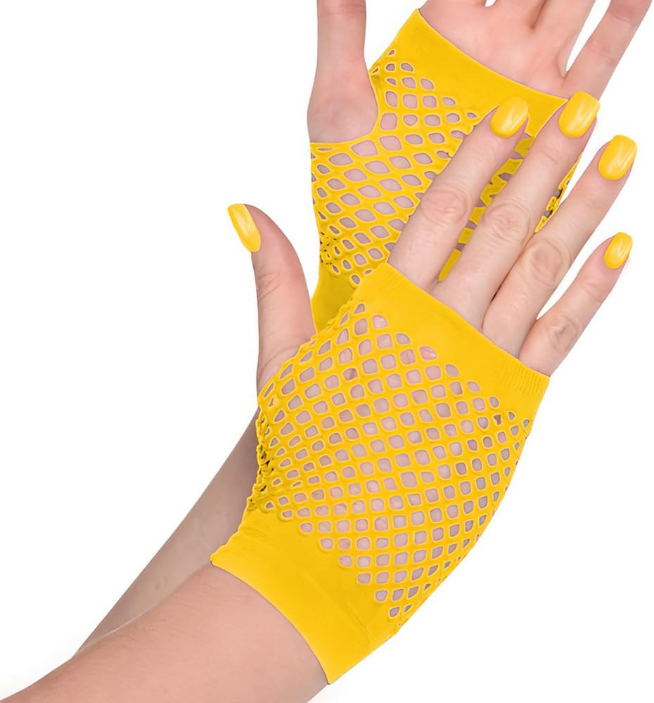 Stylish Yellow Short Fishnet Gloves (2 Pcs) - One Size Fits Most