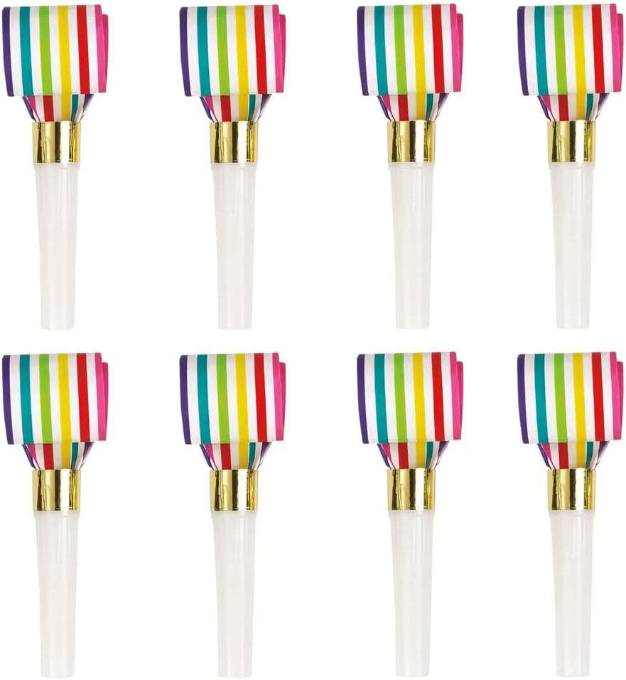 Vibrant Rainbow Stripe Squawker Blowouts, 8 Count, Eco-Friendly Paper Celebration Noise Makers