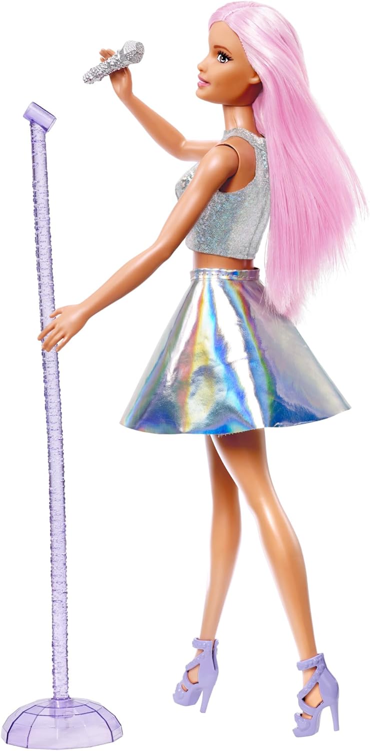 Barbie Pop Star Doll Dressed in Iridescent Skirt with Microphone and Pink Hair, Gift for 3 to 7 Year Olds