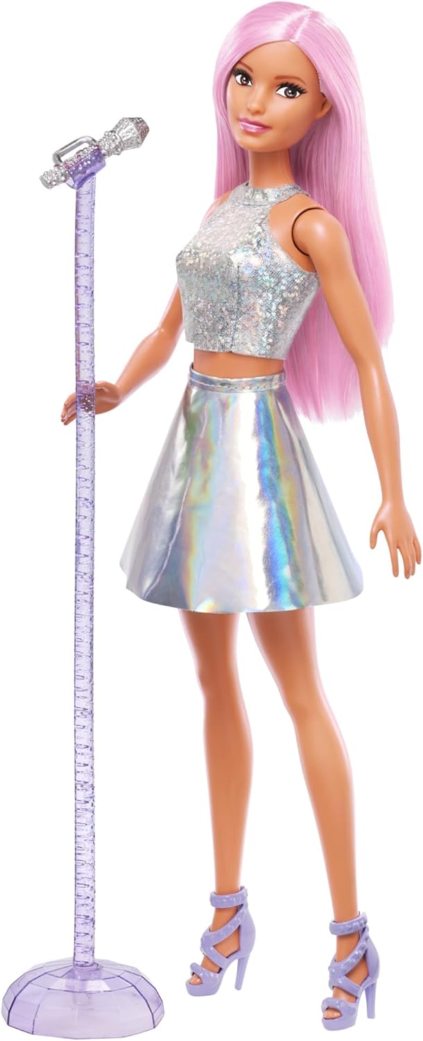 Barbie Pop Star Doll Dressed in Iridescent Skirt with Microphone and Pink Hair, Gift for 3 to 7 Year Olds