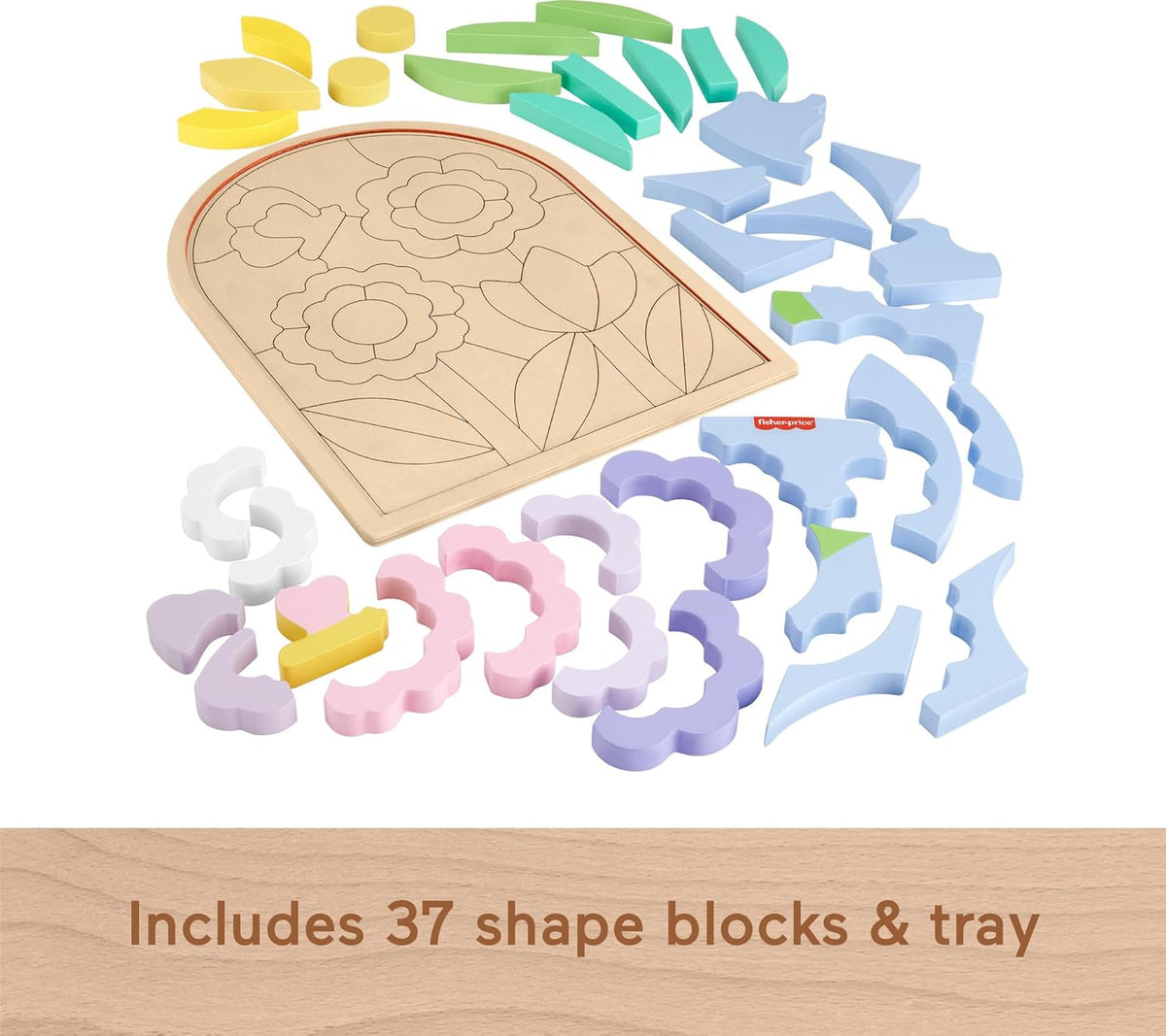 Fisher-Price Wood Preschool Toy Flower Puzzle Blocks, 38-Piece Wooden Stacking Set for Developmental Play Kids Ages 3+ Years