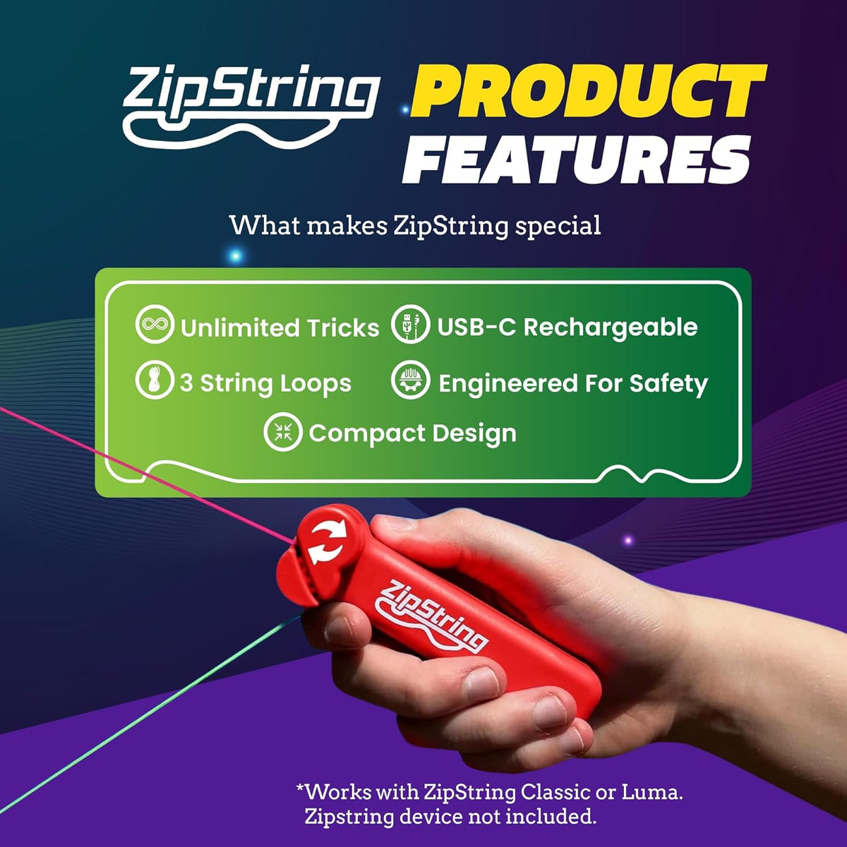 ZipString Psycho Strings - Pack of 3 - Glow in the Dark Luma Replacement Strings for Rope Launcher Toy - UV Reactive Fidget String for Kids & Adults - Shark Tank Featured - Device Not Included
