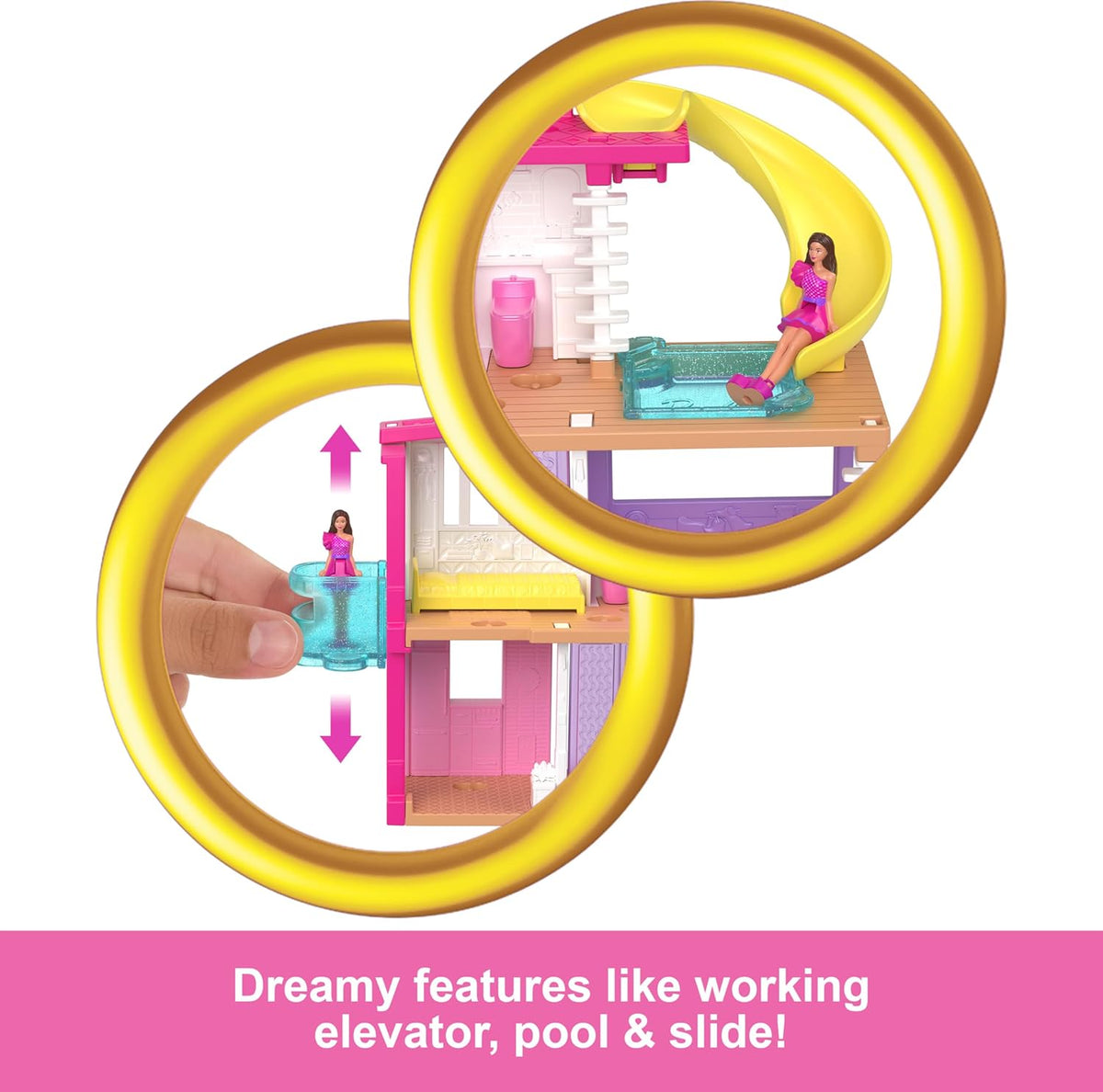 Barbie Mini BarbieLand Doll House Sets, Mini Dreamhouse with Surprise 1.5-inch Doll, Furniture & Accessories, Plus Elevator & Pool