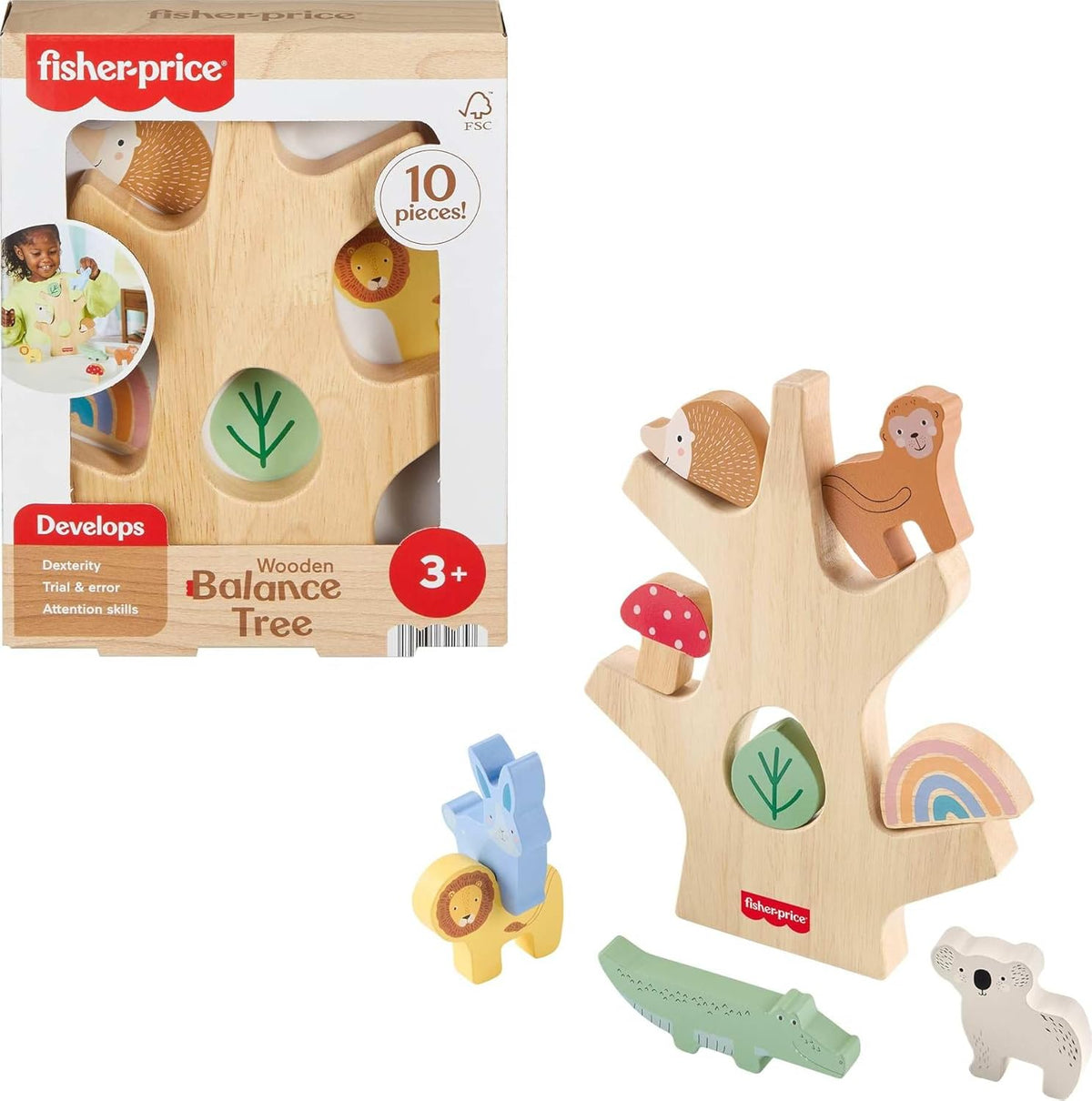 Wood Stacking Toy Balance Tree, 10 Wooden Pieces for Developmental Play Preschool Kids Ages 3+ Years - Fisher-Price