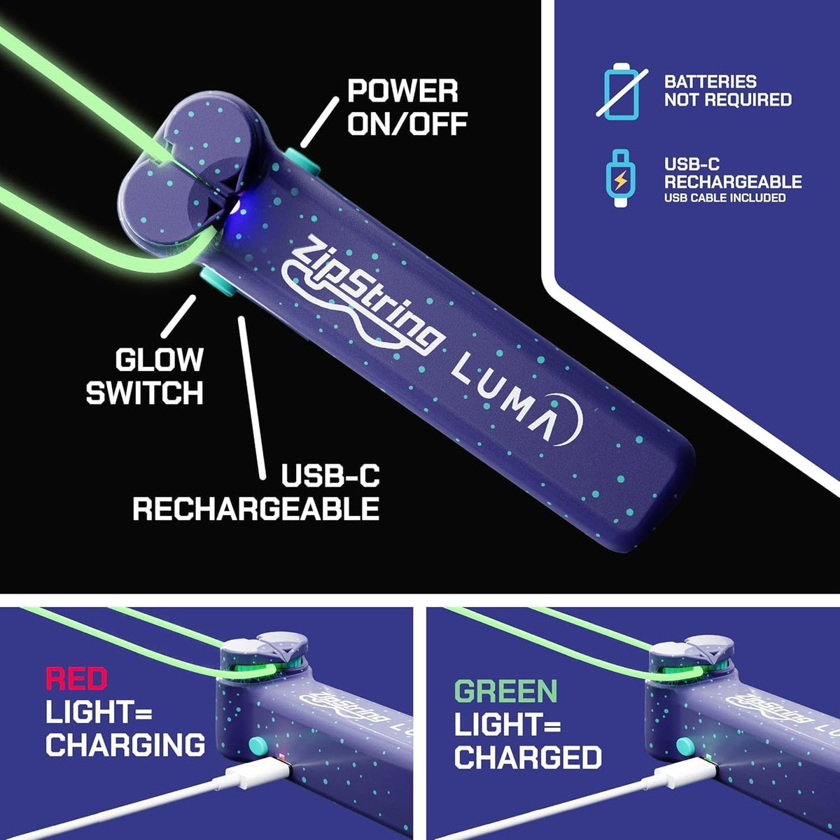 ZipString Luma - The Patented Glow-in-The-Dark Toy That Flies a Loop of String, Creates Endless Shapes and Tricks Built-in LED for Glowing Fun. Perfect STEM Gift and Fidget Toy