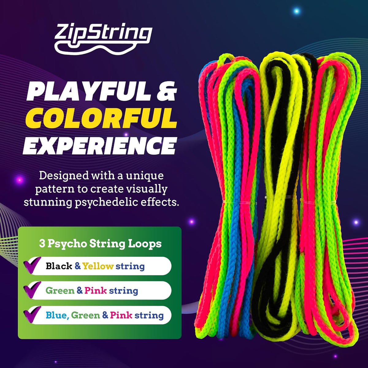ZipString Psycho Strings - Pack of 3 - Glow in the Dark Luma Replacement Strings for Rope Launcher Toy - UV Reactive Fidget String for Kids & Adults - Shark Tank Featured - Device Not Included