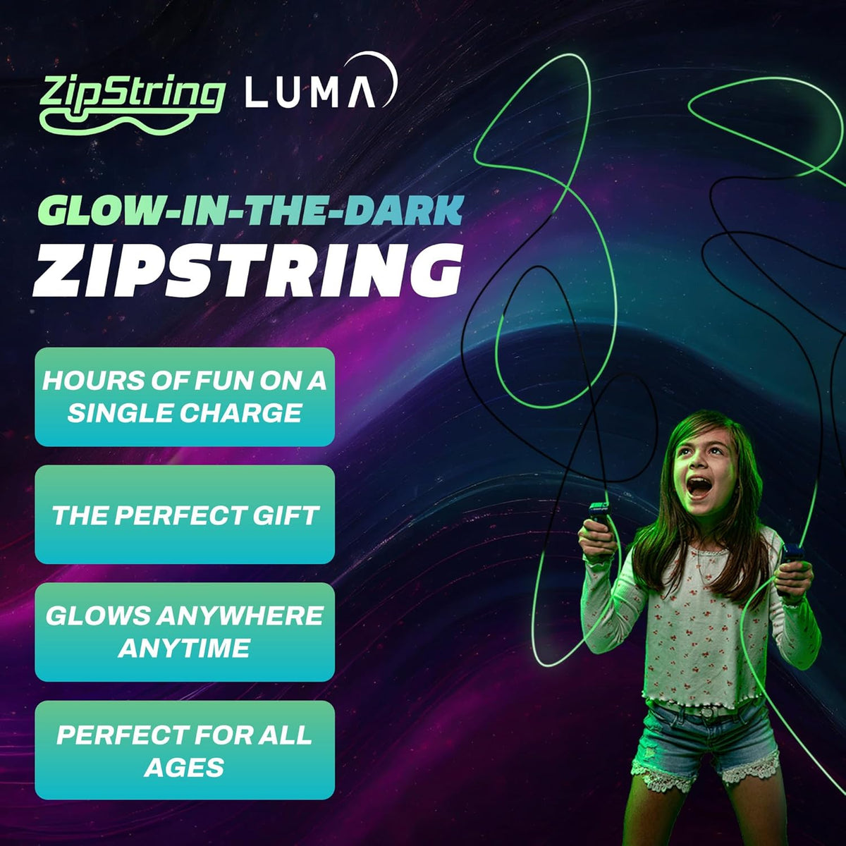 ZipString Lightning Luma Replacement Strings - Pack of 3 - UV Reactive Glow in the Dark Fidget String for Rope Launcher Toy - Shark Tank Featured - Device Not Included