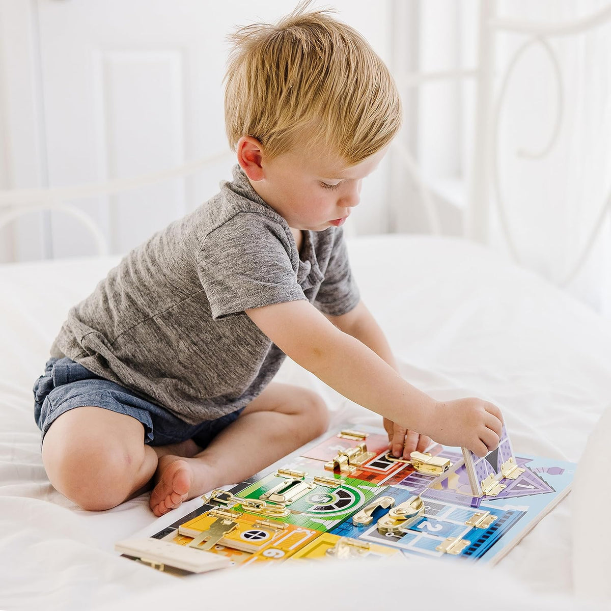 Melissa & Doug Wooden Latches Board Sensory Activity Toy for Kids, Doors and Locks Toy, Wooden Busy Board, Toddler Toys for Ages 3+