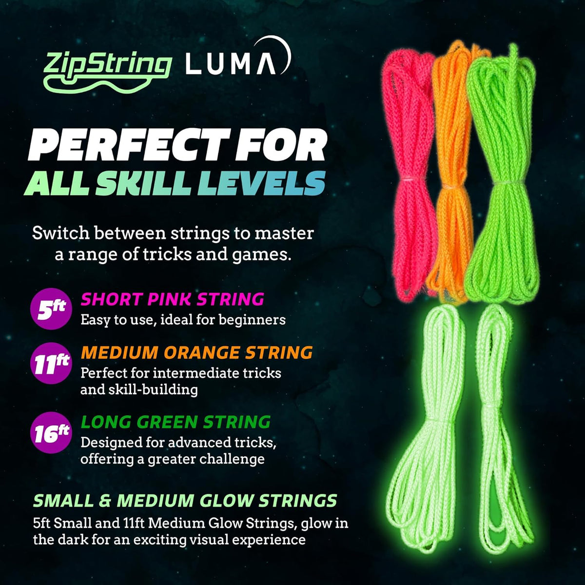 ZipString Luma Replacement Strings - Pack of 5 - UV Reactive Glow in the Dark Fidget String for Rope Launcher Toy - Shark Tank Featured - Device Not Included