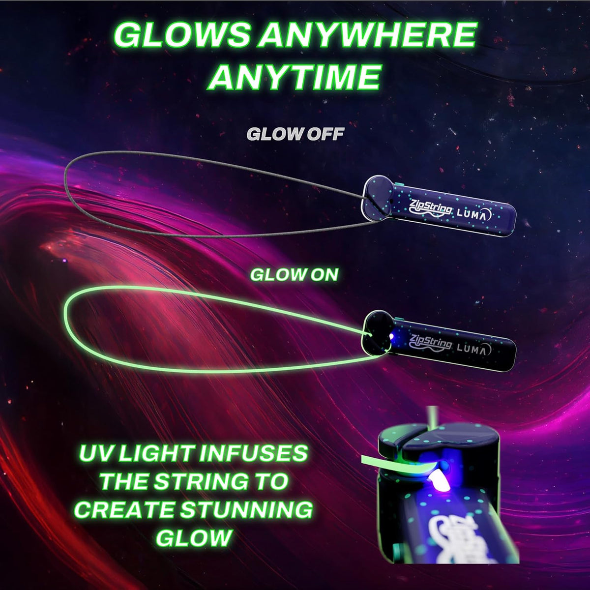 ZipString Luma Replacement Strings - Pack of 5 - UV Reactive Glow in the Dark Fidget String for Rope Launcher Toy - Shark Tank Featured - Device Not Included