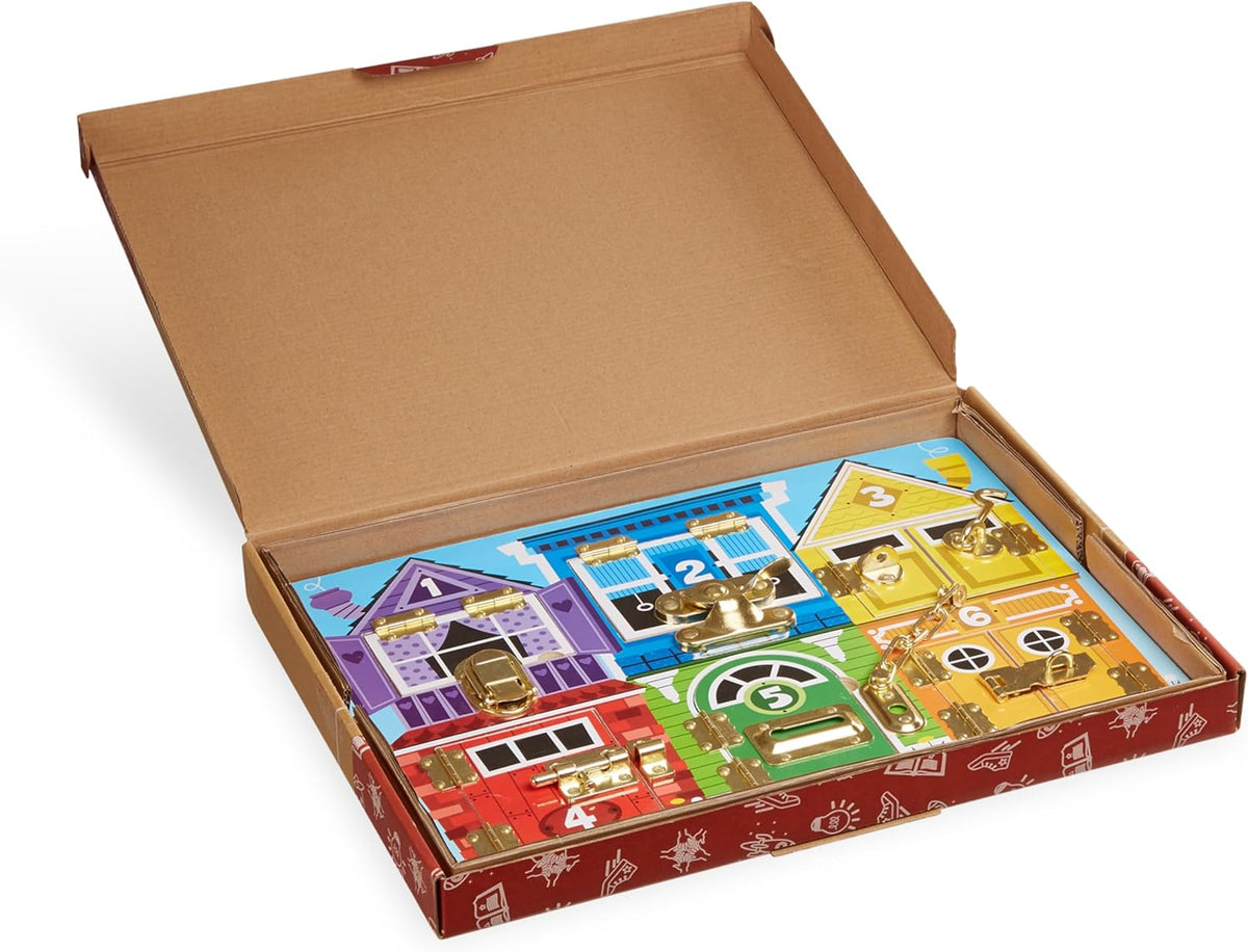 Melissa & Doug Wooden Latches Board Sensory Activity Toy for Kids, Doors and Locks Toy, Wooden Busy Board, Toddler Toys for Ages 3+