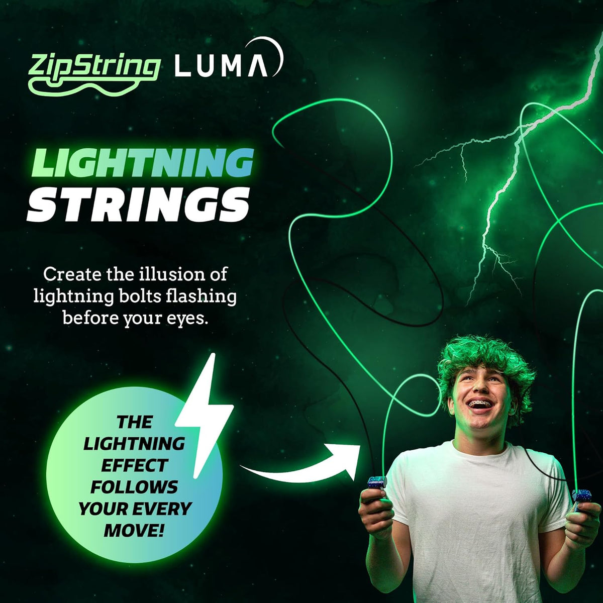 ZipString Lightning Luma Replacement Strings - Pack of 3 - UV Reactive Glow in the Dark Fidget String for Rope Launcher Toy - Shark Tank Featured - Device Not Included