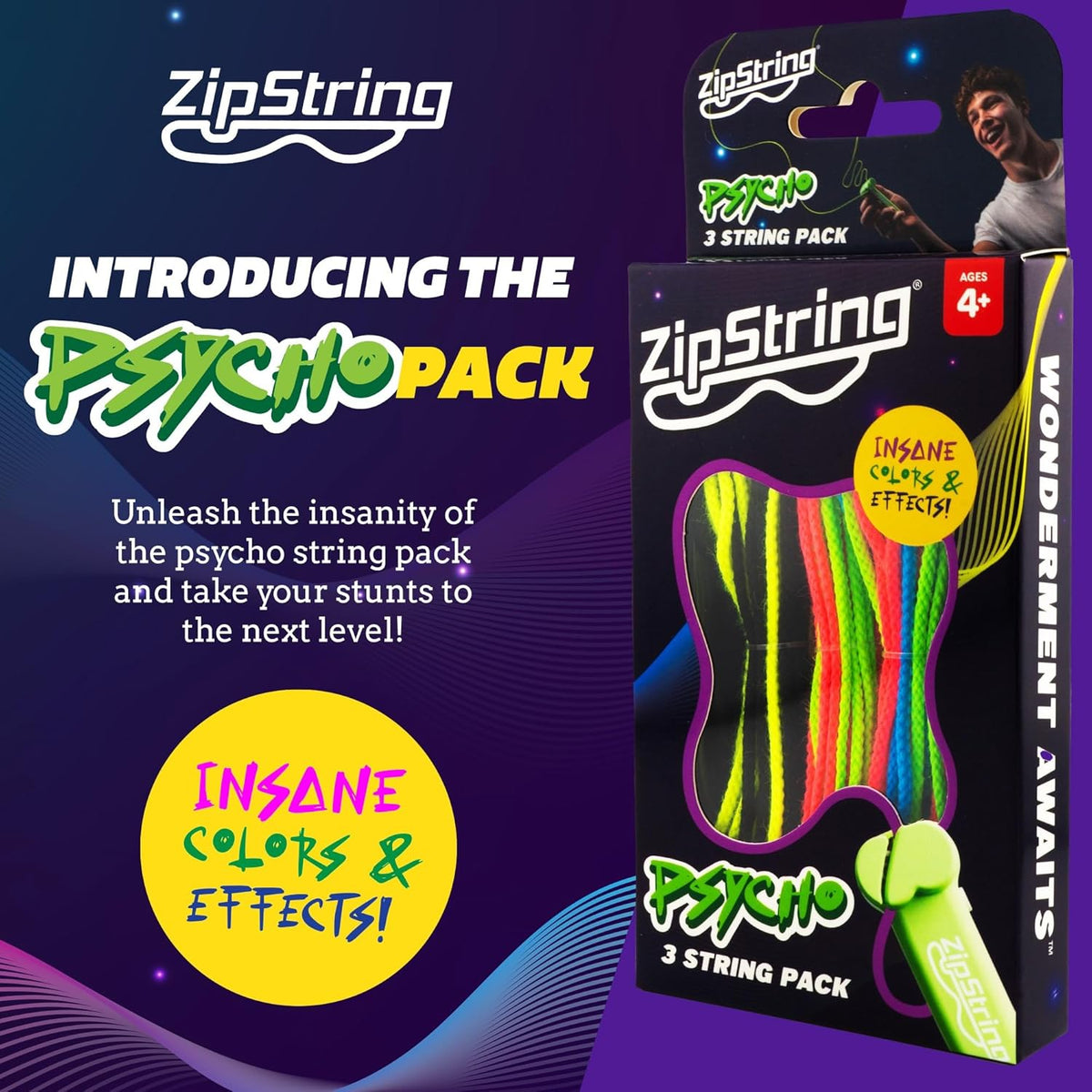 ZipString Psycho Strings - Pack of 3 - Glow in the Dark Luma Replacement Strings for Rope Launcher Toy - UV Reactive Fidget String for Kids & Adults - Shark Tank Featured - Device Not Included
