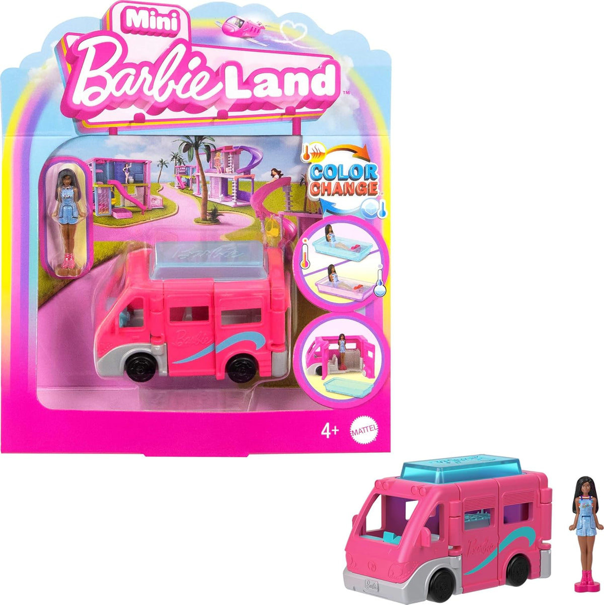 Barbie Mini BarbieLand Playsets with Toy Vehicle & 1.5-inch Doll, DreamCamper with Working Doors & Color-Change Pool