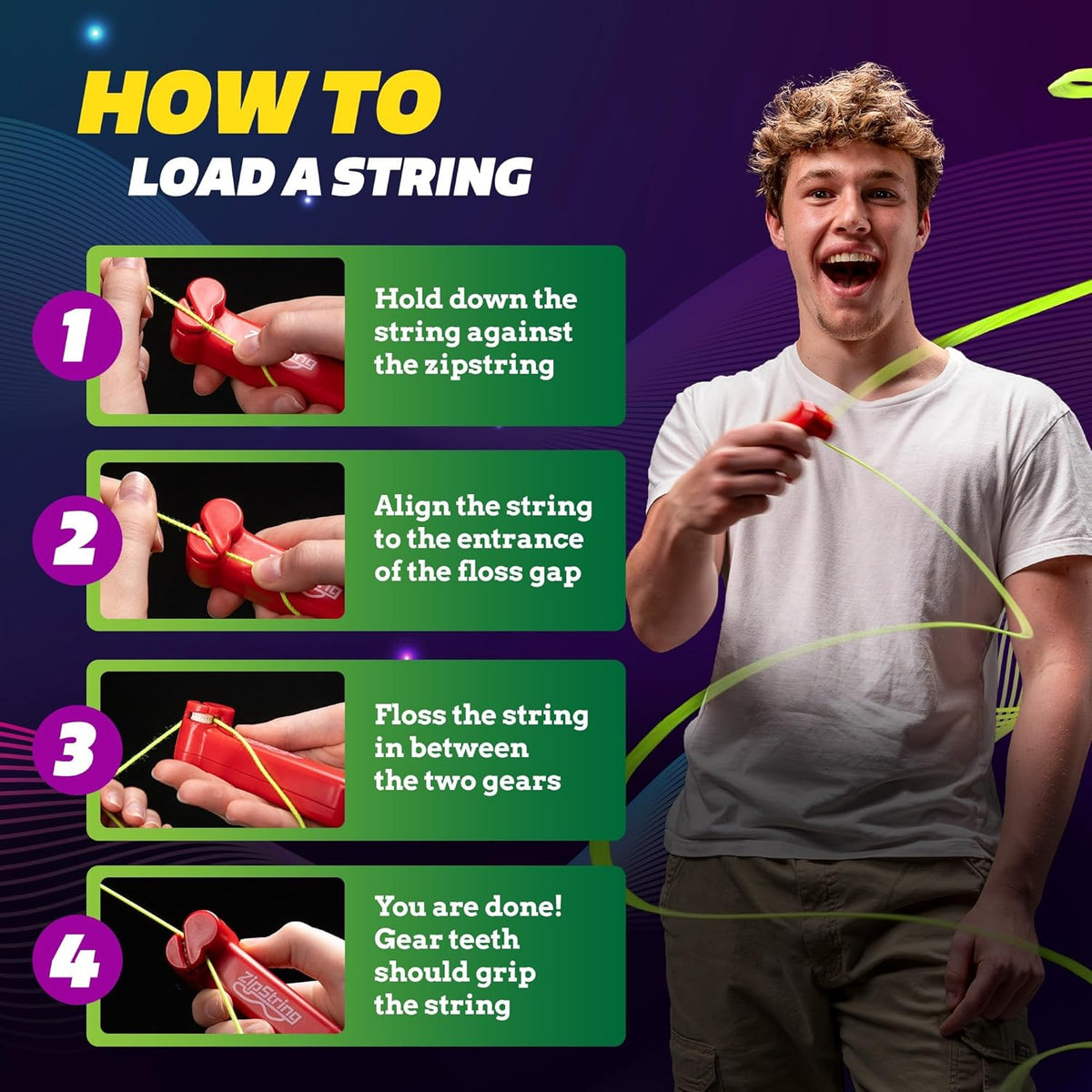 ZipString Psycho Strings - Pack of 3 - Glow in the Dark Luma Replacement Strings for Rope Launcher Toy - UV Reactive Fidget String for Kids & Adults - Shark Tank Featured - Device Not Included