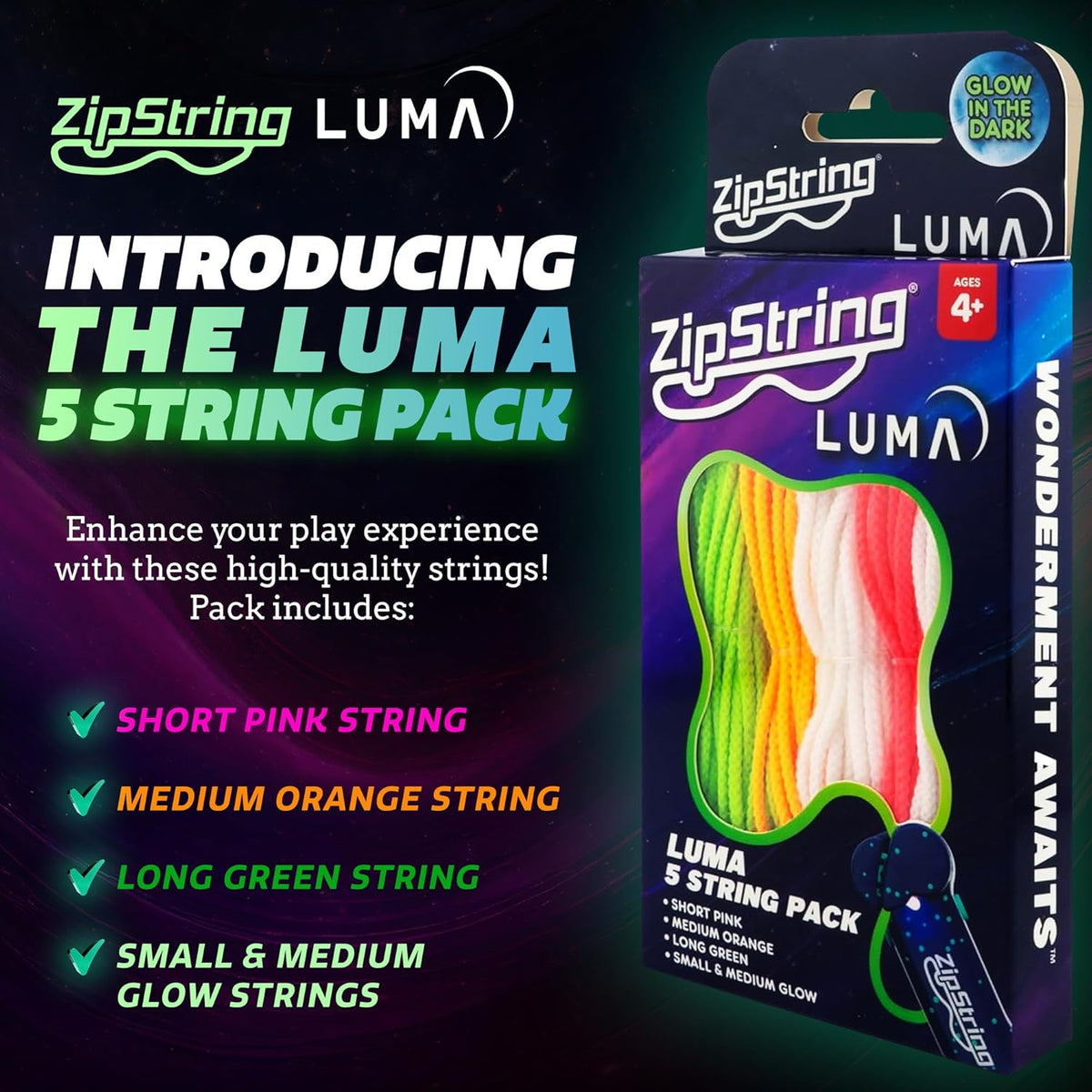 ZipString Luma Replacement Strings - Pack of 5 - UV Reactive Glow in the Dark Fidget String for Rope Launcher Toy - Shark Tank Featured - Device Not Included