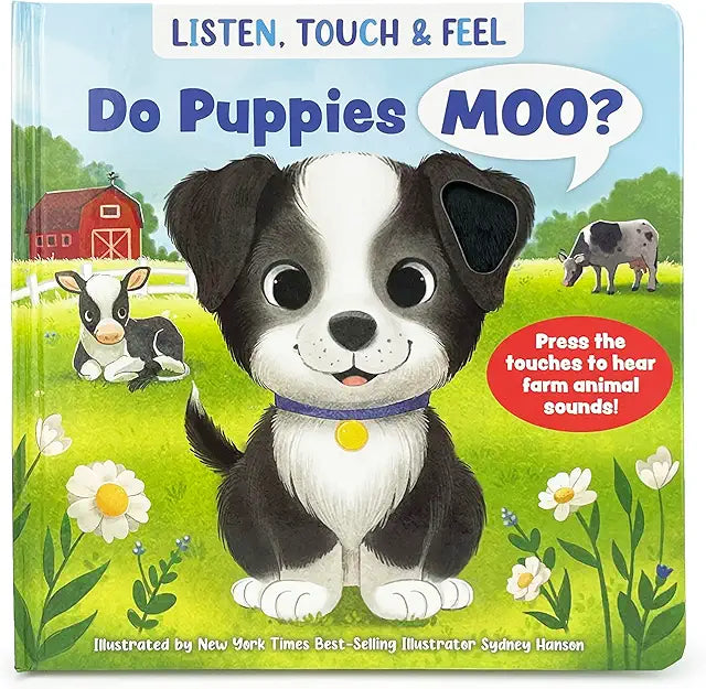 Do Puppies Moo listen touch feel sensory board book animal sounds babies toddlers