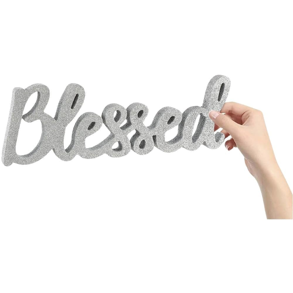 Stunning Silver MDF Glitter Blessed Script Sign - 4.5" x 13.75" (1 Pc.) - Unique & Dazzling Decor, Durable Material - Ideal for Every Event