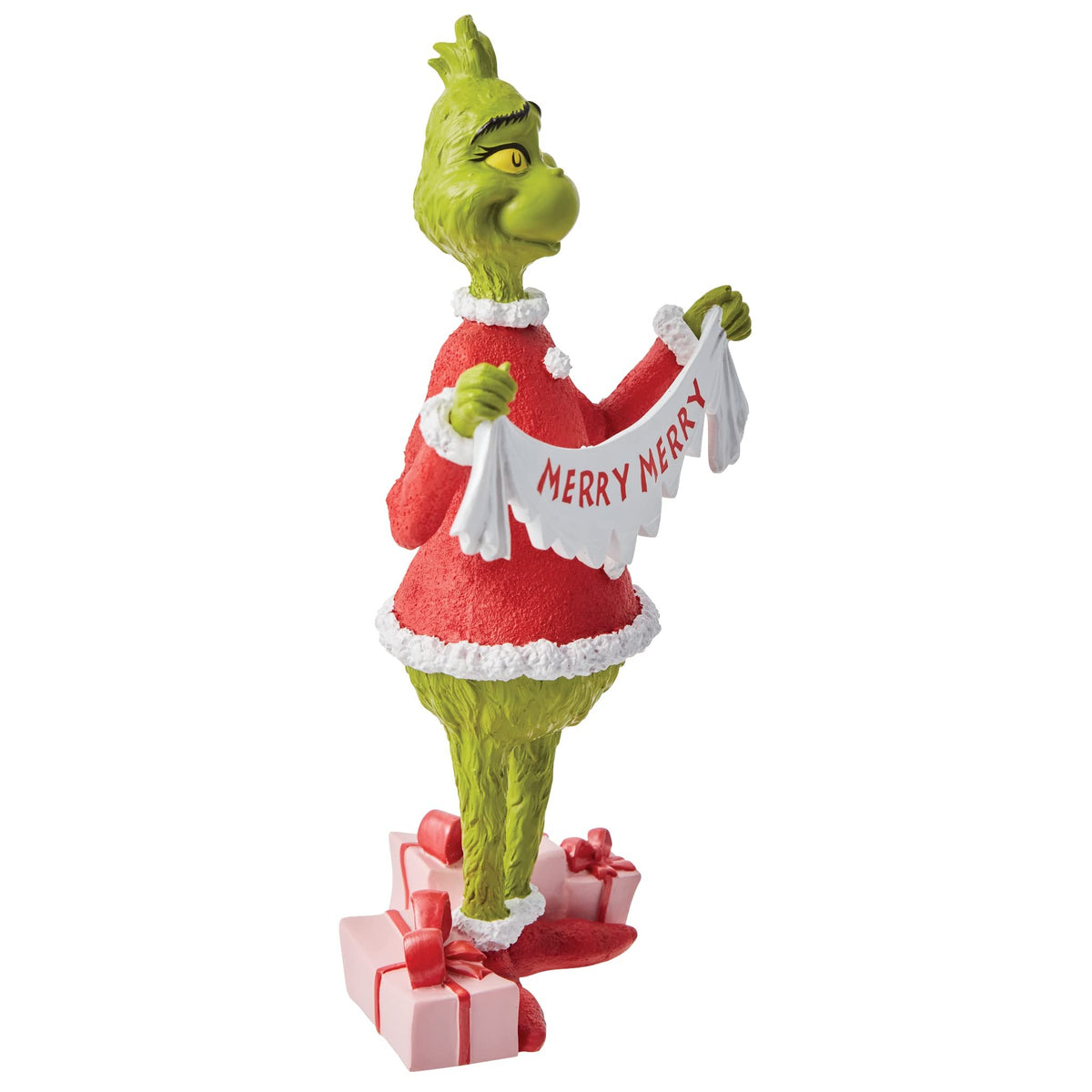 Department 56 Dr. Seuss The Grinch Holding Merry Christmas Banner Figurine, 8.875 Inch, Multicolor