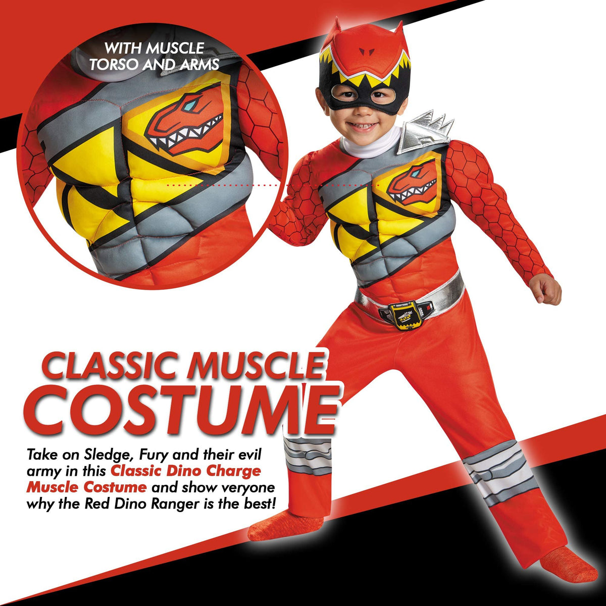 Red Power Rangers Costume for Toddlers. Official Licensed Red Ranger Dino Charge Classic Muscle Power Ranger Suit with Mask for Boys &amp; Girls, Medium (3T-4T)