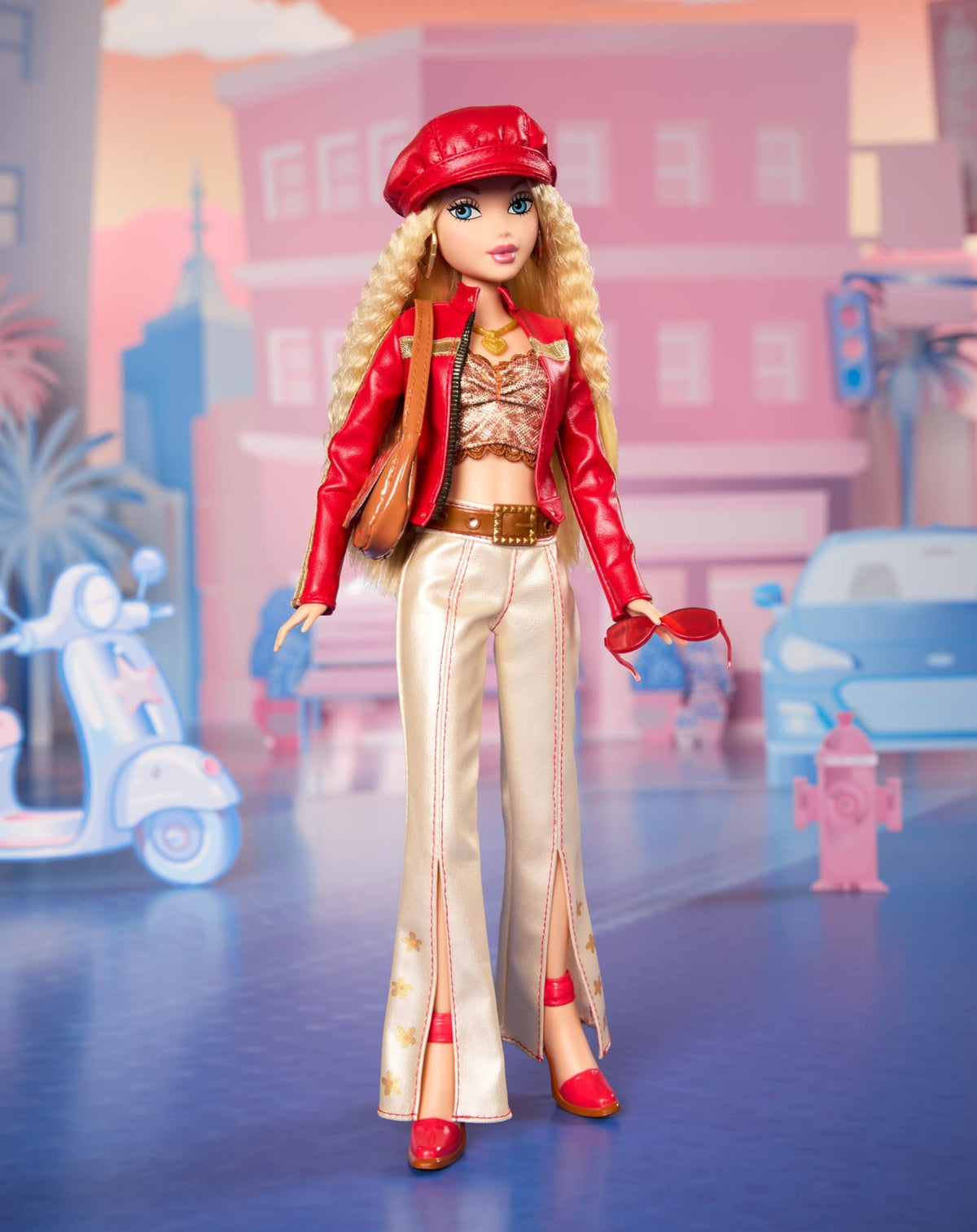 Barbie Signature My Scene Doll & Accessories, in Y2K-Inspired Outfit with Pleather Jacket, Flare Pants, Saddle Bag & Display Stand