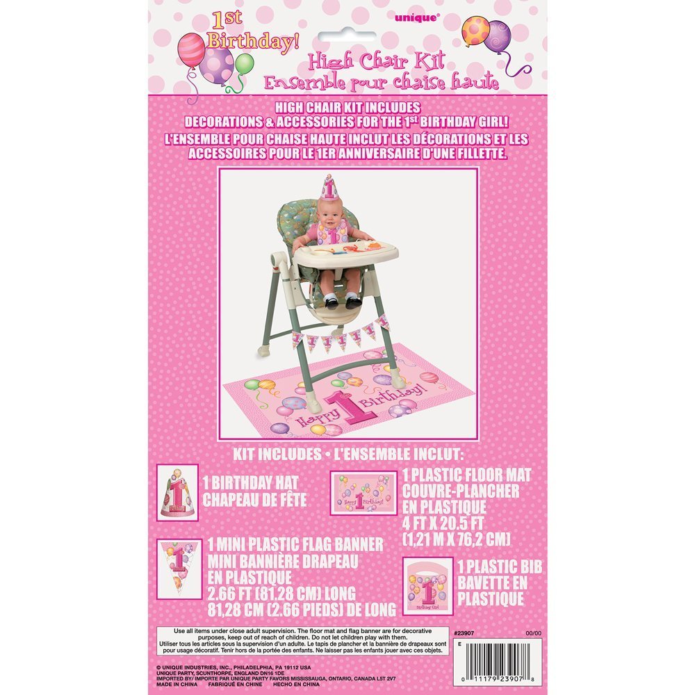 First Birthday Pink Balloons High Chair Kit - (1 Set) | All-Inclusive Decor Bundle with Flag Banner, Floor Mat &amp; Plastic Bib - Ideal for Memorable 1st Birthday Celebration