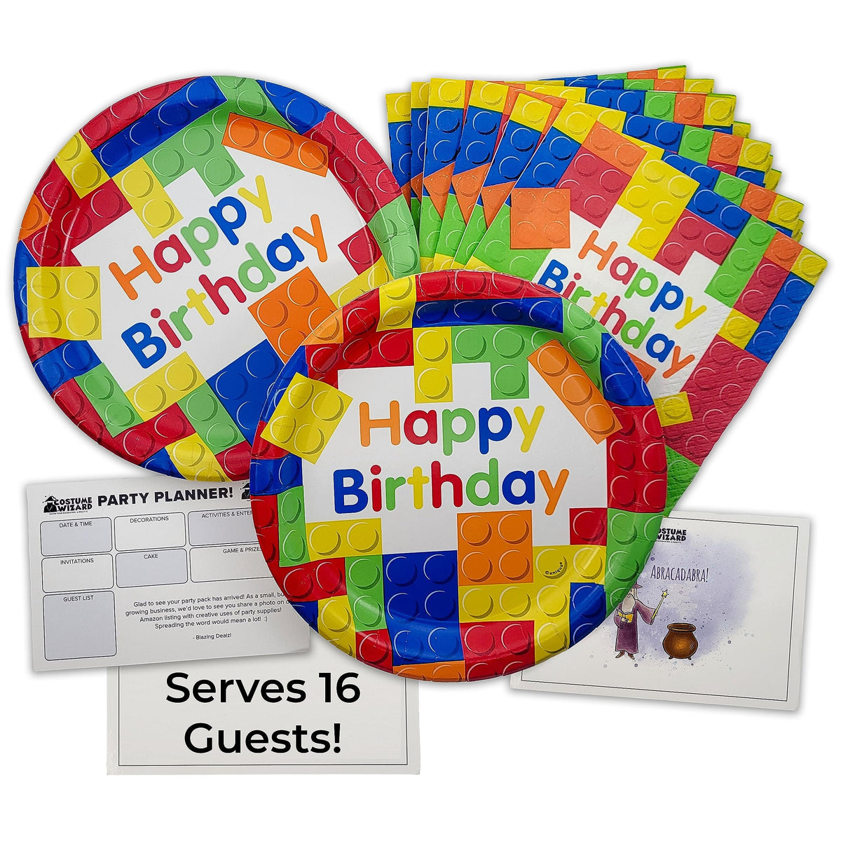 Costume Wizard Building Blocks Party Supplies for 16 Guests - Plates, Napkins, and Party Planner for Kids Birthday with Bright and Colorful Design