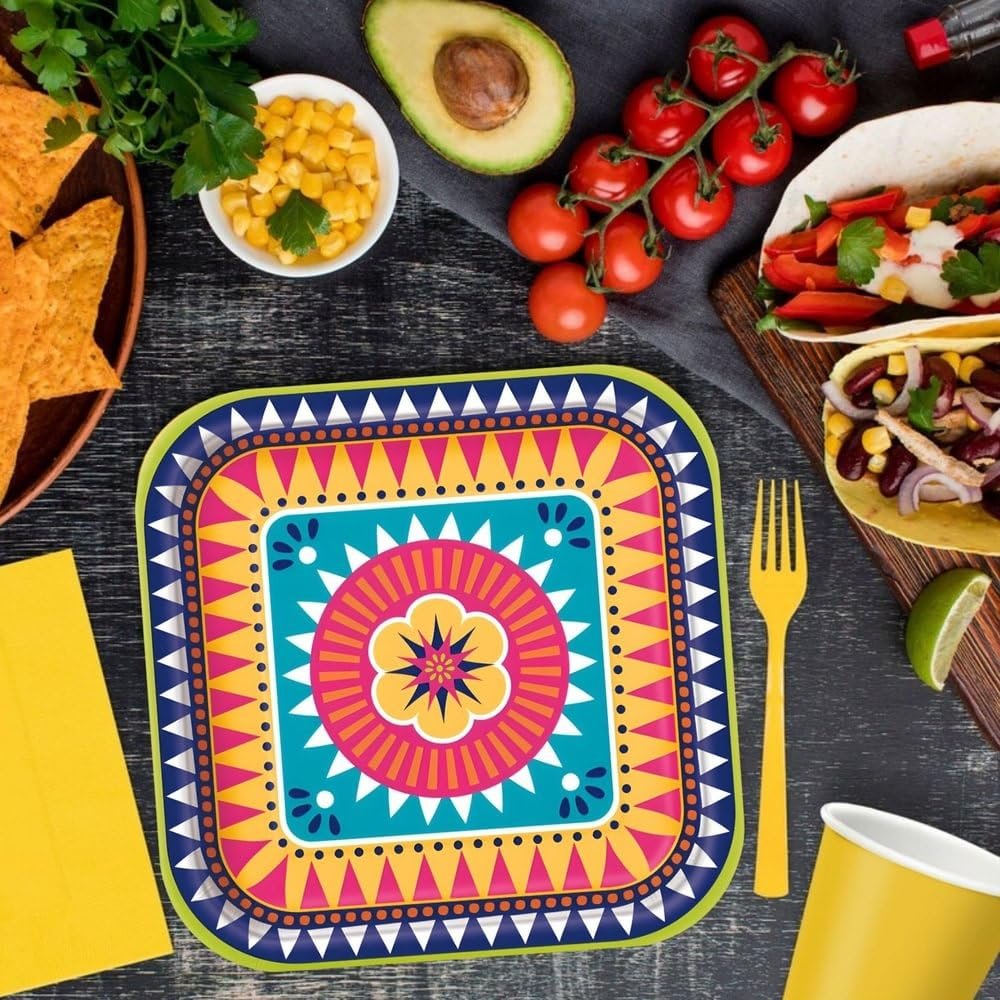 Square Dinner Paper Plates - 9" | Boho Fiesta | 8 Pcs