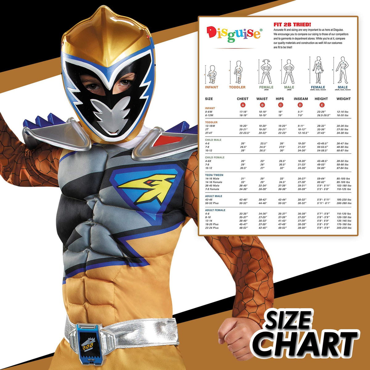 Gold Power Rangers Costume for Kids. Official Licensed Gold Ranger Dino Charge Classic Muscle Power Ranger Suit with Mask for Boys &amp; Girls, Medium (7-8)