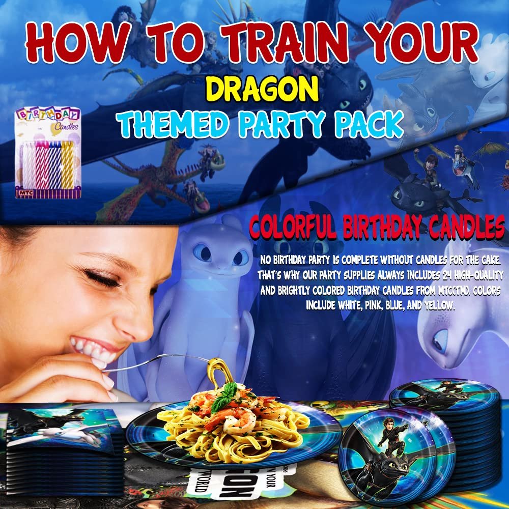 How To Train Your Dragon Themed Party Pack – Includes Paper Plates & Luncheon Napkins Plus 24 Birthday Candles – Serves 16