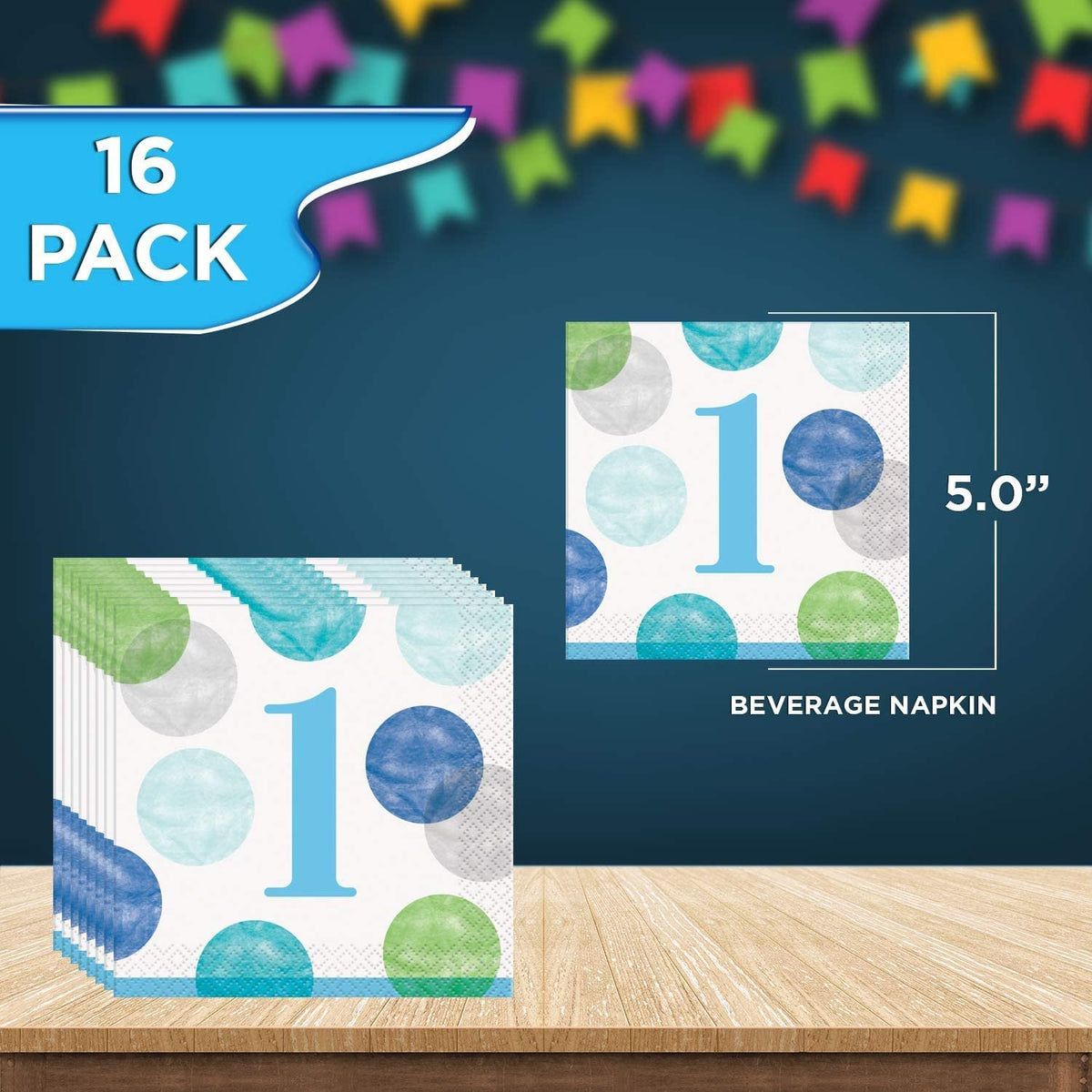 Unique Blue Dots Baby Boy 1st Birthday Party Bundle | Beverage & Luncheon Napkins, Dinner & Dessert Plates | Great for Child's 1st Birthday Celebration, Kid's Party