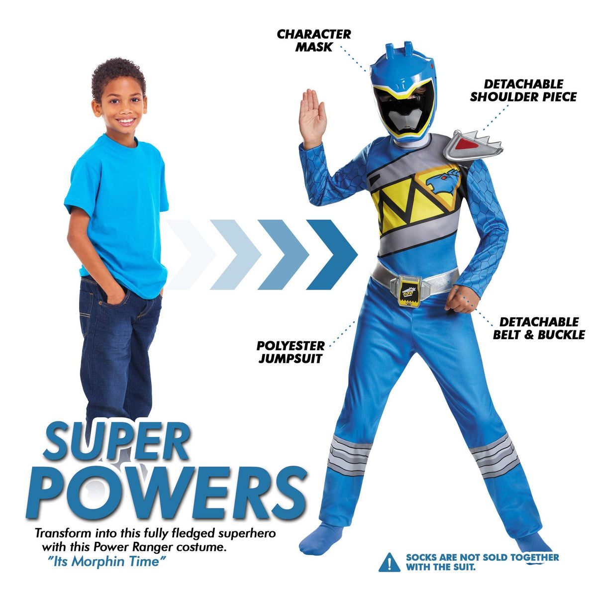 Blue Power Rangers Costume for Kids. Official Licensed Blue Ranger Dino Charge Classic Power Ranger Suit with Mask for Boys &amp; Girls, Medium (7-8)