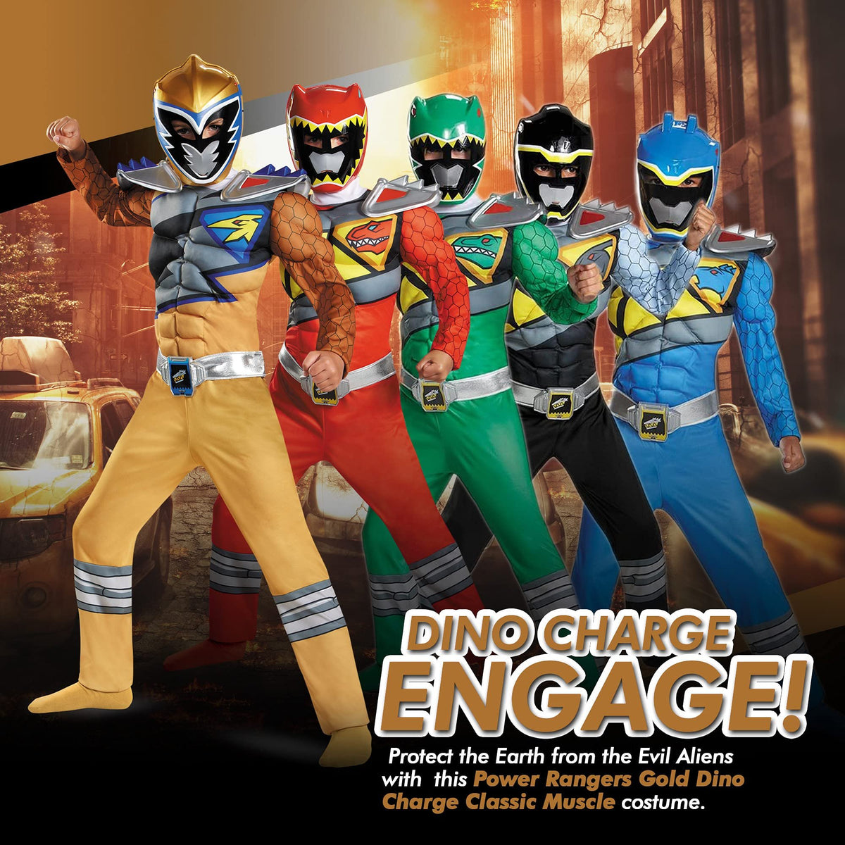 Gold Power Rangers Costume for Kids. Official Licensed Gold Ranger Dino Charge Classic Muscle Power Ranger Suit with Mask for Boys &amp; Girls, Medium (7-8)