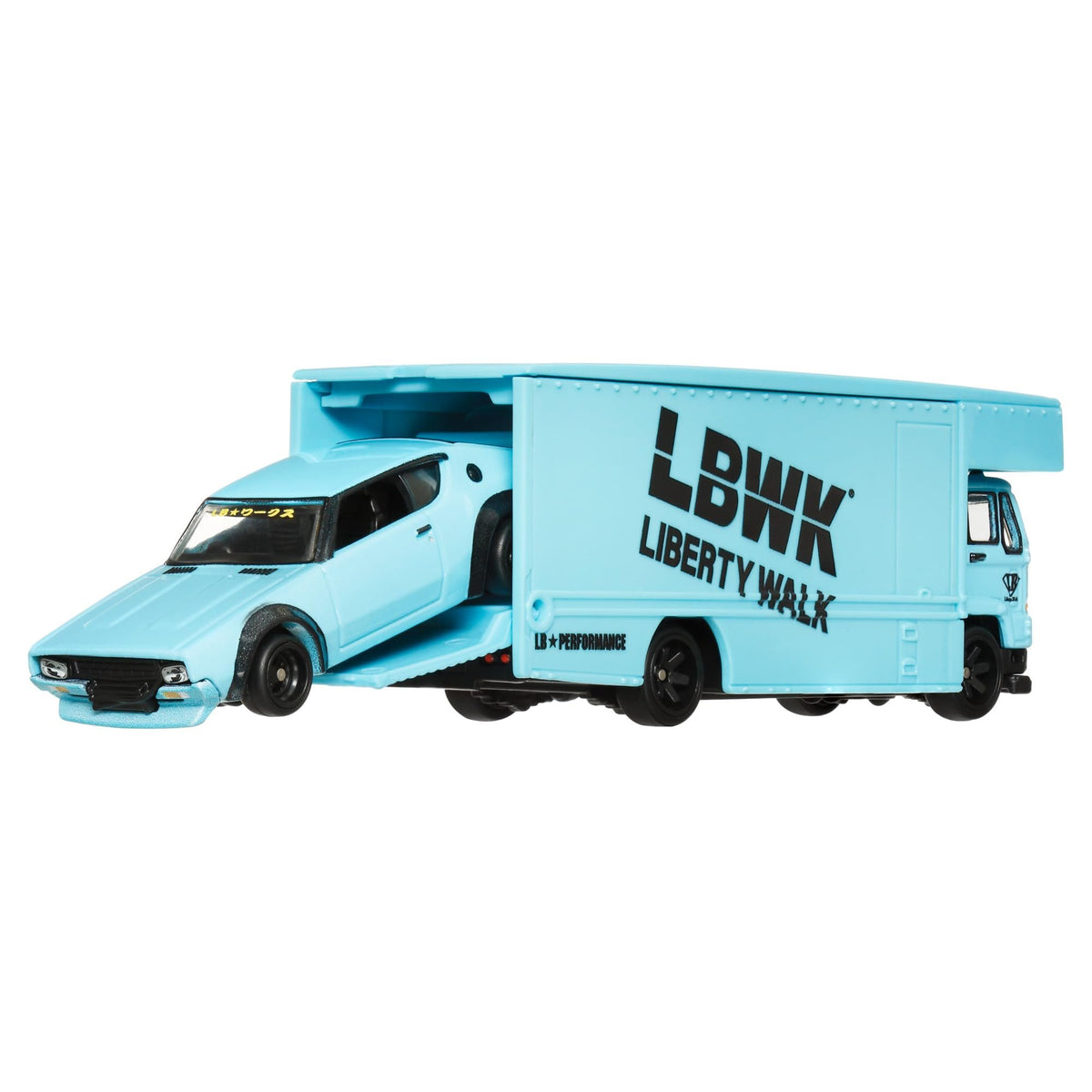 Hot Wheels Premium Car Team Transport Set, LBWK Liberty Walk Nissan Skyline 2000GT-R, Fleet Flyer #69 Truck and Car, 1:64 Scale, Blue Model