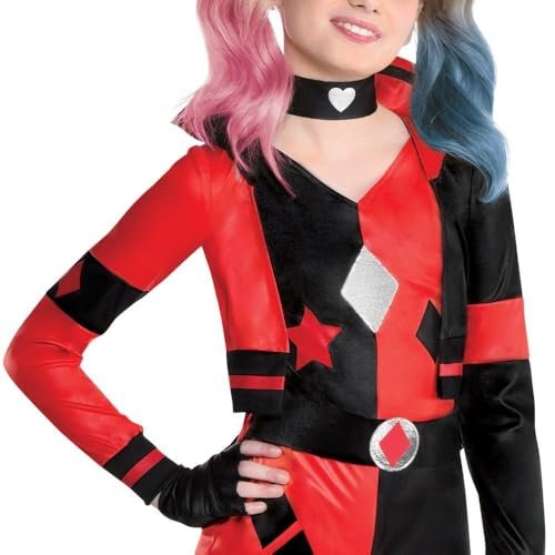 Party City Harley Quinn Halloween Costume for Girls, DC Comics Includes Romper, Choker, Gloves and Leg Warmers