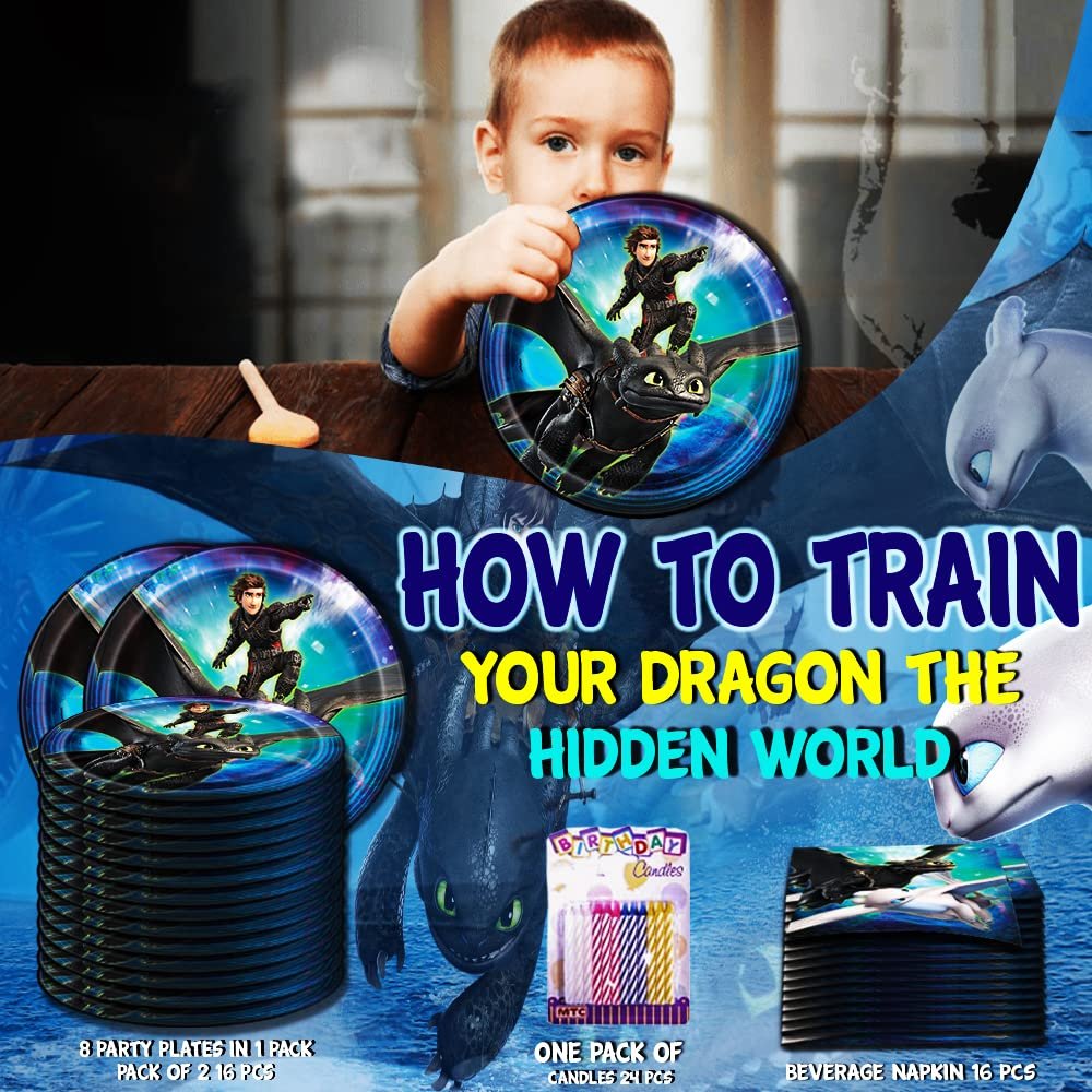 How To Train Your Dragon Themed Party Pack – Includes Paper Plates & Luncheon Napkins Plus 24 Birthday Candles – Serves 16