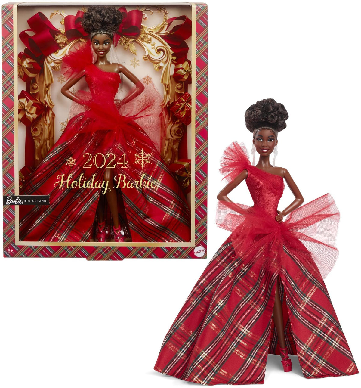 Barbie Signature Doll, 2024 Holiday Blonde Fashion Doll Wearing Gown with Plaid Skirt