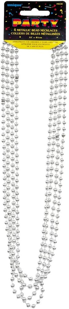 Metallic Silver Plastic Bead Necklaces - 32&#39;&#39;, 4 Count