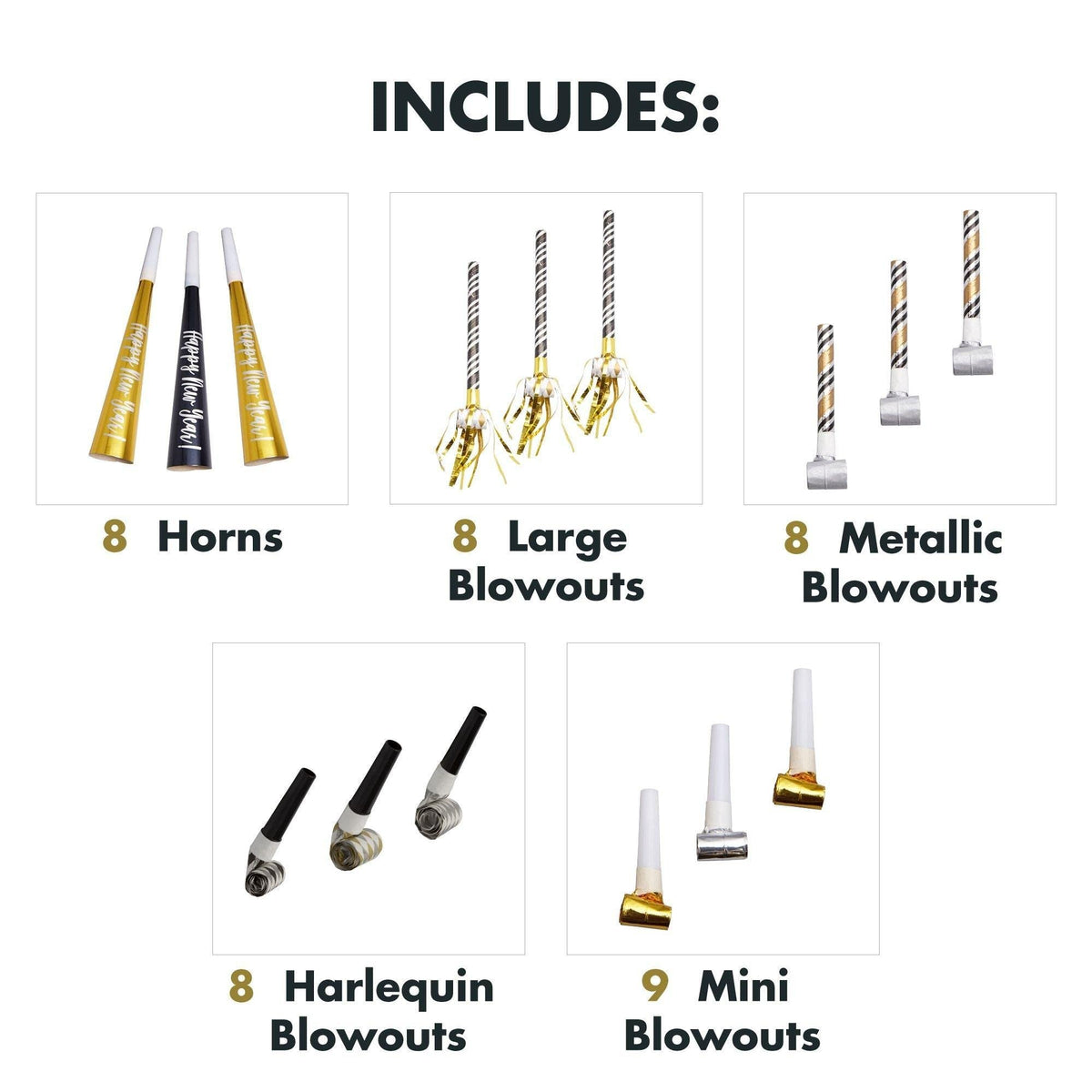 Black, Gold & Silver Party Horns & Blowouts Set - Perfect Party Supplies & Party Noise Makers for New Year's Eve, Graduation Parties, Birthdays & More