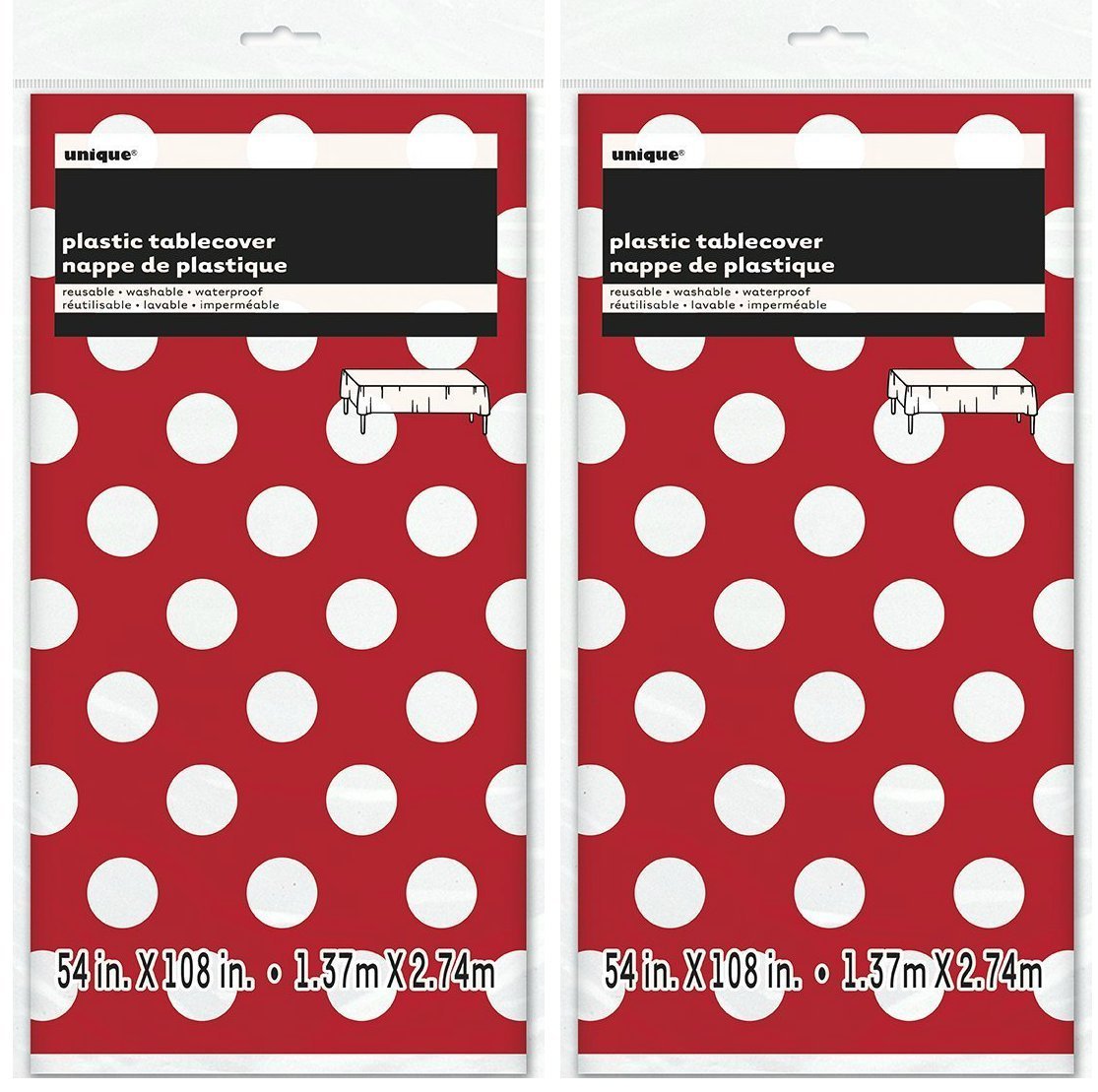 2 Pack Polka Dot Plastic Tablecloth, 108 x 54, Red with White dots