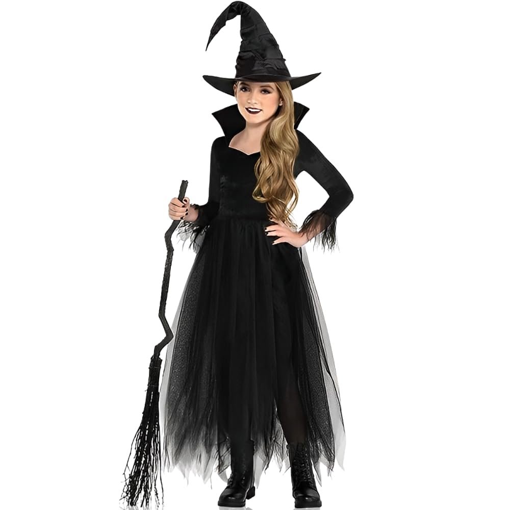 Enchanted Witch Costume Set - Medium (8-10) - Deluxe Black Polyester, Satin & Lace - Unique & Adorable Outfit for Halloween & Magical Moments