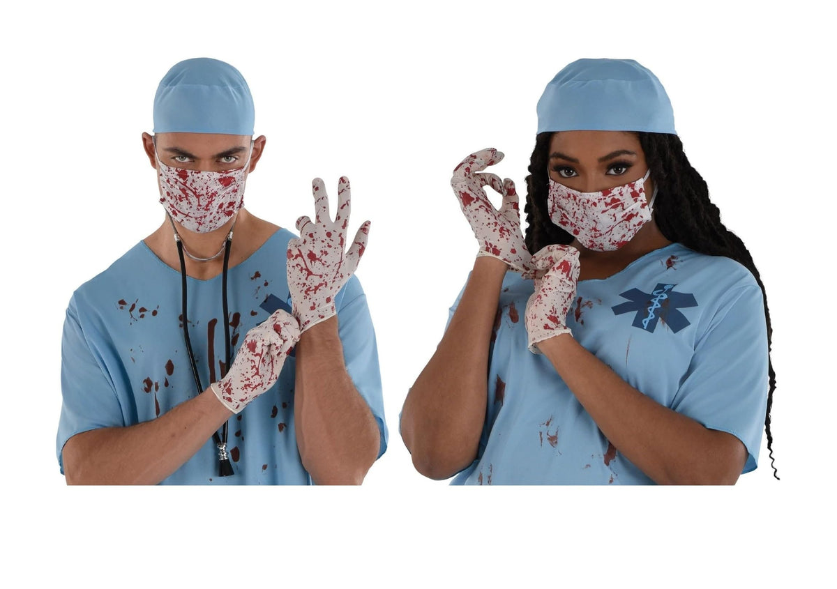 Red & White Bloody Surgeon Accessory Face Mask & Gloves Set For Adult - 1 Count - Unique & Eye-Catching Design, Perfect For Halloween & Costume Parties - One Size Fits All