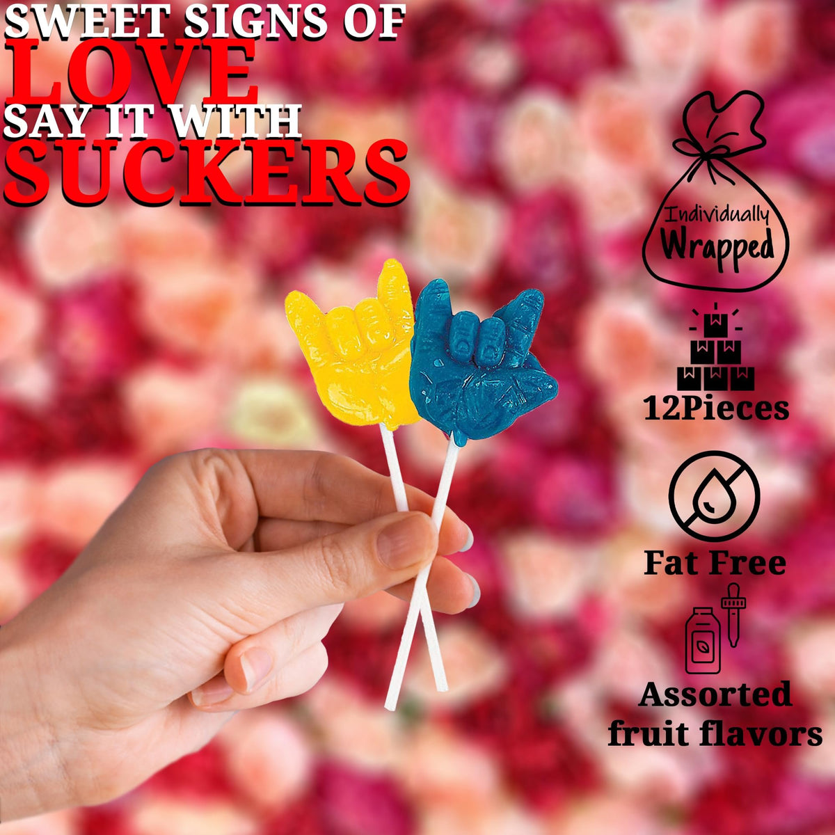 I Love You Sign Language Suckers - 12 Individually Wrapped Lollipops - Valentine&#39;s Day and Party Candy
