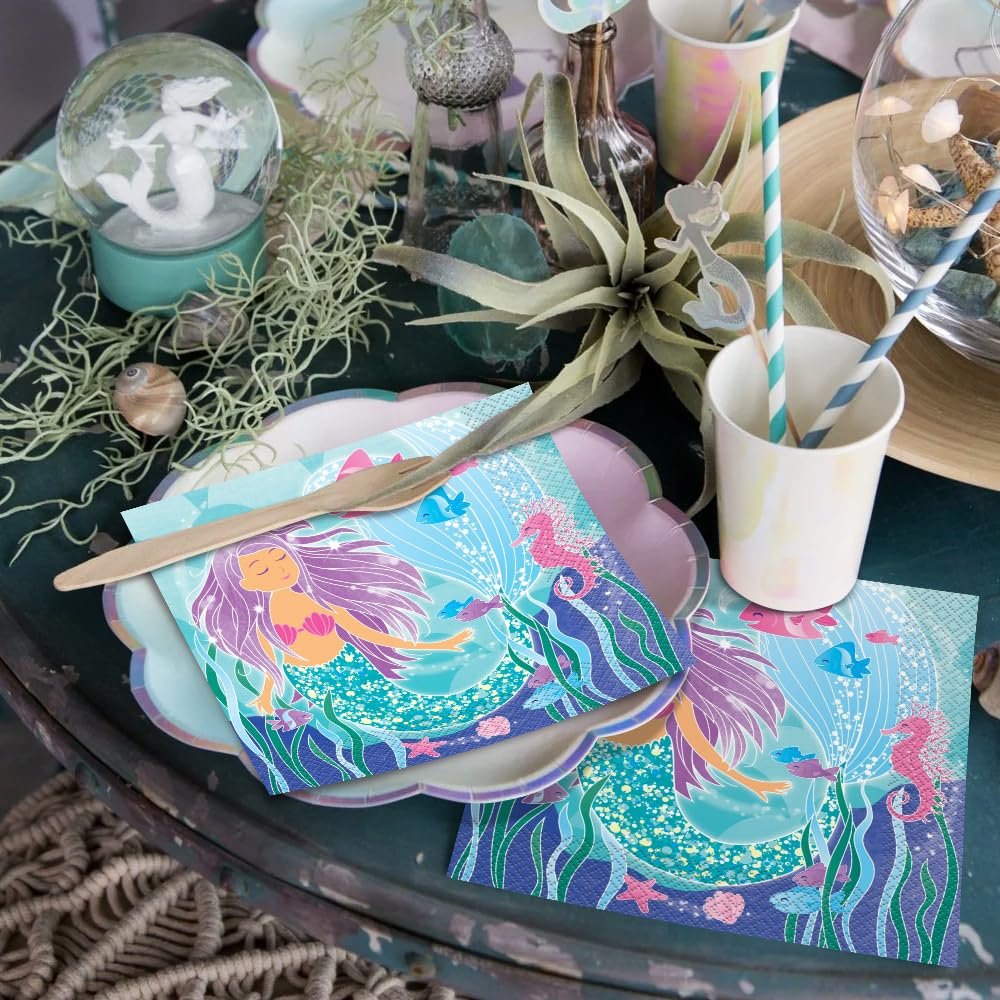 Mermaid Design Luncheon Napkins (Pack of 16) - Enchanting Designs Perfect for Under-the-Sea Themed Parties & Celebrations