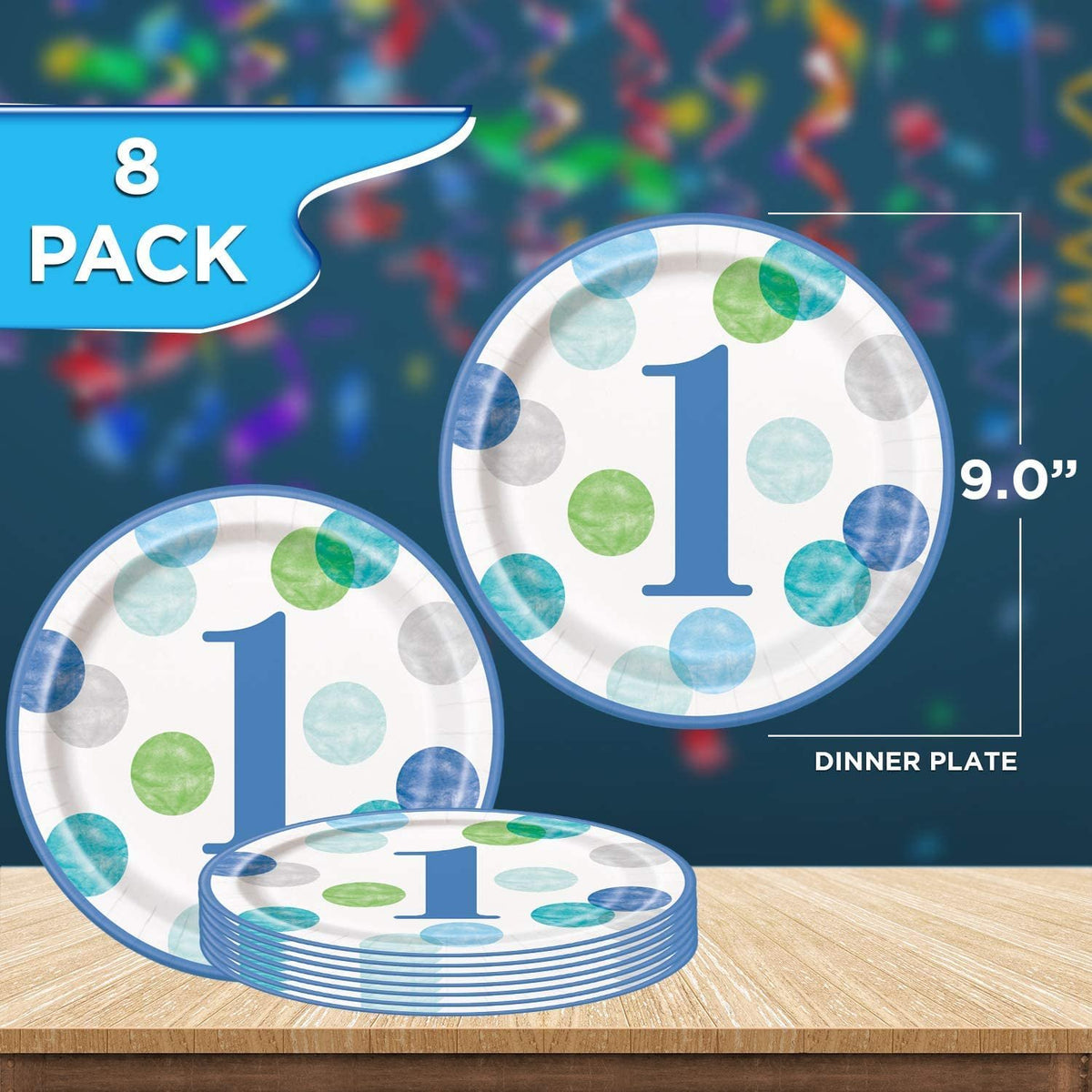 Unique Blue Dots Baby Boy 1st Birthday Party Bundle | Beverage & Luncheon Napkins, Dinner & Dessert Plates | Great for Child's 1st Birthday Celebration, Kid's Party