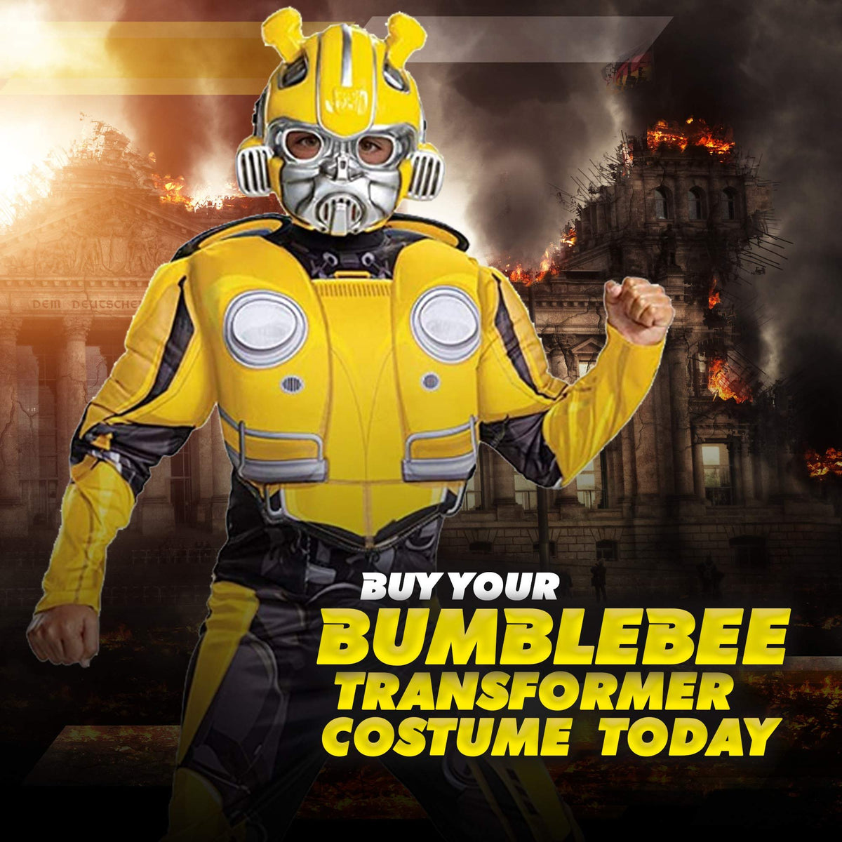 Transformers Bumblebee Costume for Kids. Official Licensed Autobot Yellow Volkswagen Bug Classic Muscle Costume Suit for Boys &amp; Girls, Medium (7-8)