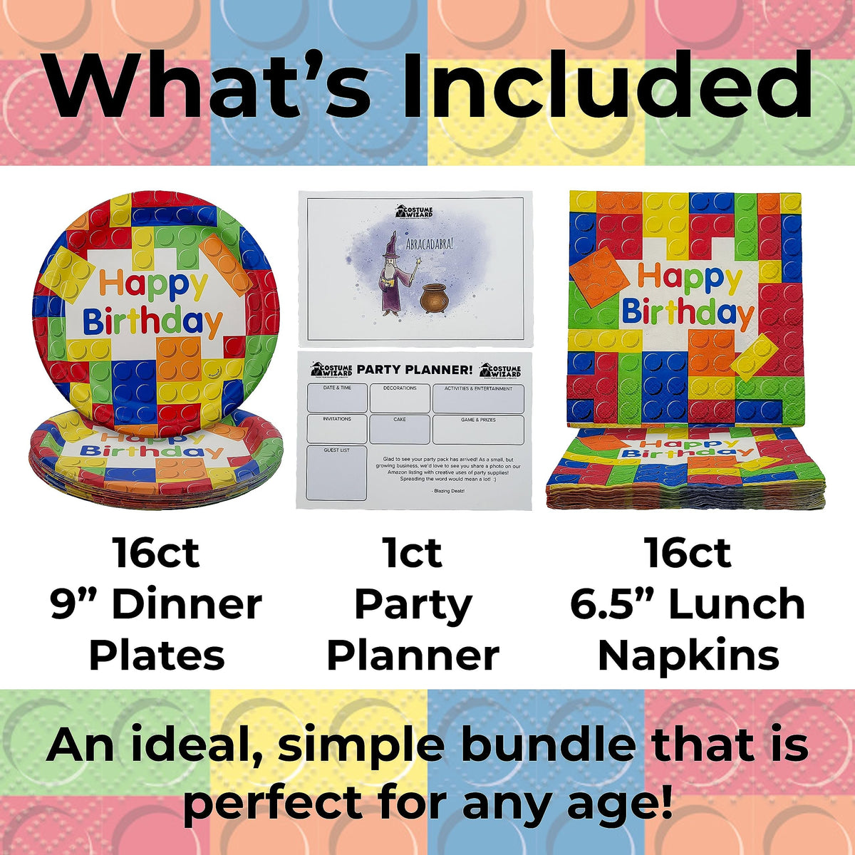 Costume Wizard Building Blocks Party Supplies for 16 Guests - Plates, Napkins, and Party Planner for Kids Birthday with Bright and Colorful Design