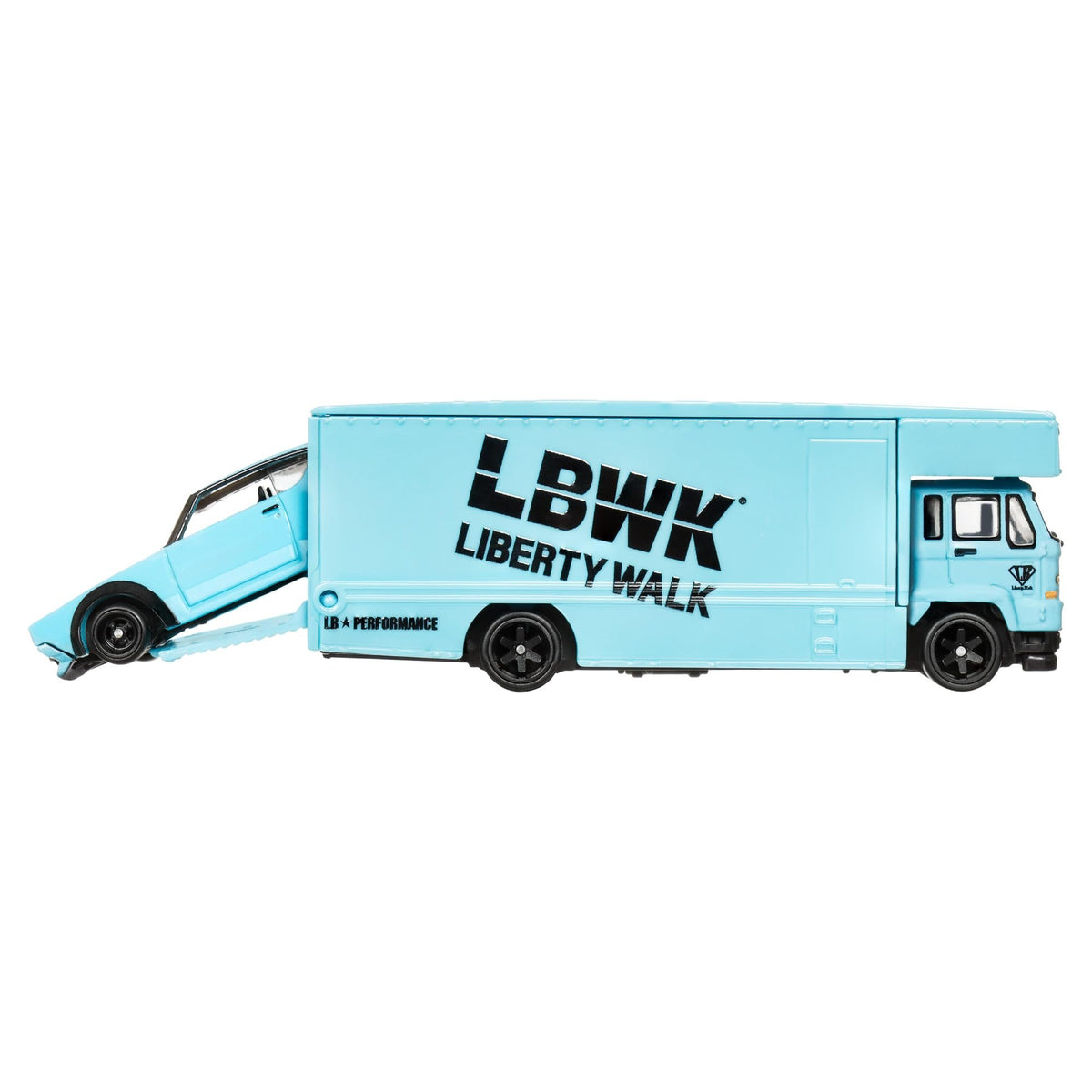 Hot Wheels Premium Car Team Transport Set, LBWK Liberty Walk Nissan Skyline 2000GT-R, Fleet Flyer #69 Truck and Car, 1:64 Scale, Blue Model