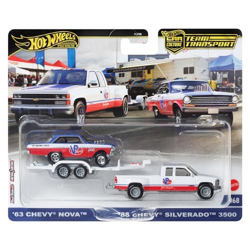 Hot Wheels Team Transport '63 Chevy Nova & '88 Chevy Silverado Die-Cast Vehicle Set, Race Car with Trailer, VP Racing, 1:64 Scale Model