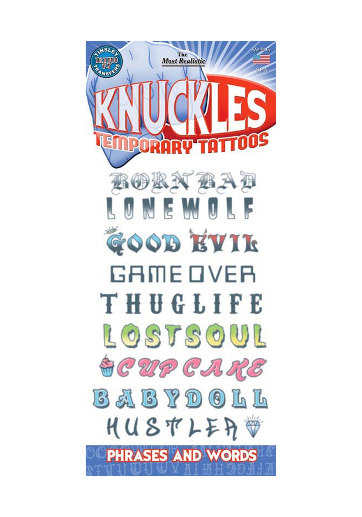 Tinsley Transfers Knuckle Phrases Temporary Tattoos Standard